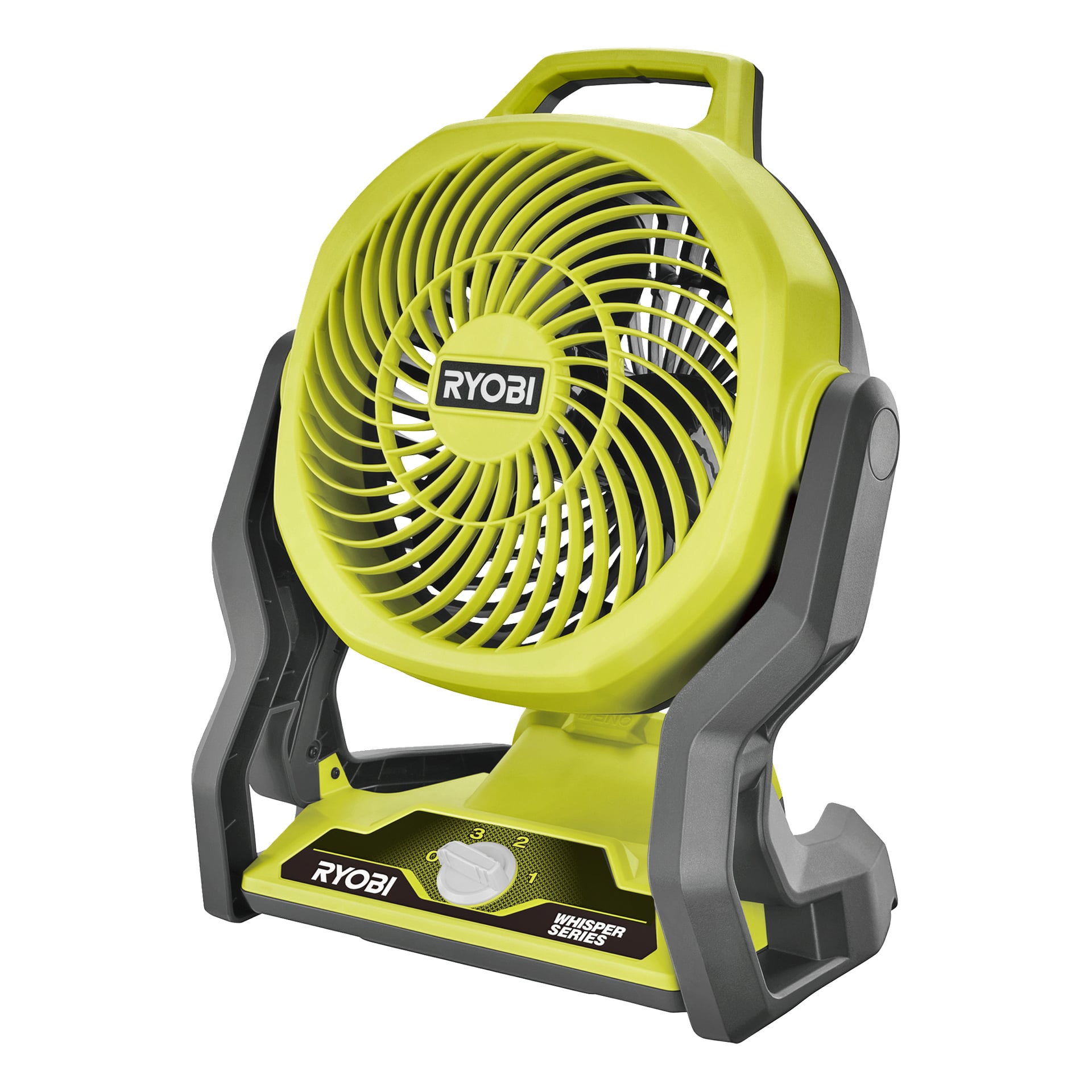 Ryobi One+ Whisper Series RF18-0 har en gul och svart sladdlös bordsfläkt med topphandtag, lutbart huvud och basknopp.