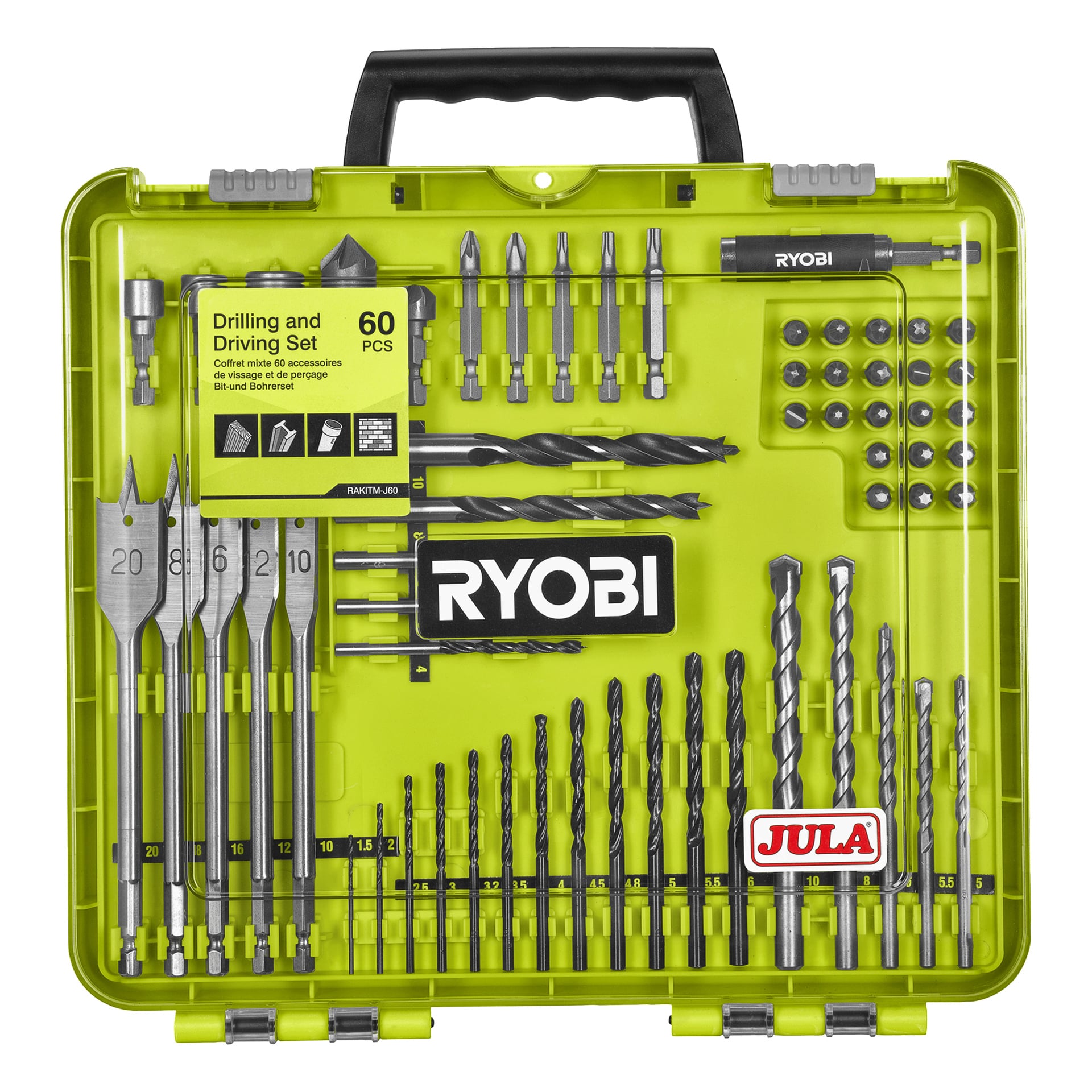 Grön Ryobi-borr och 60-delat borrset, prydligt organiserat med märkta spår, handtag och framträdande Ryobi-märkning.