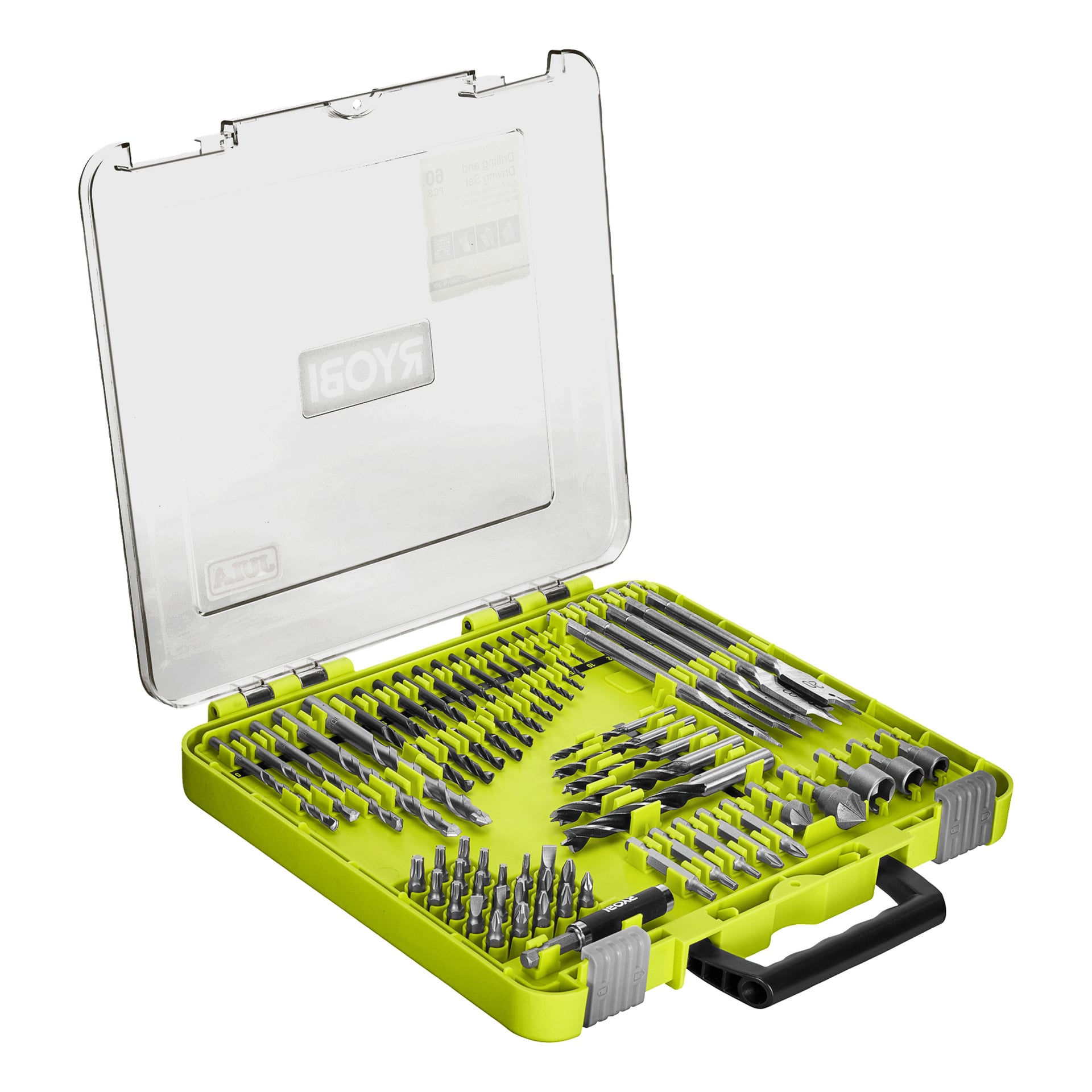 Ryobi borr- och borrset, 60 delar i ett grönt fodral med genomskinligt lock, svart handtag, grå spärrar; Delar organiserade inuti.
