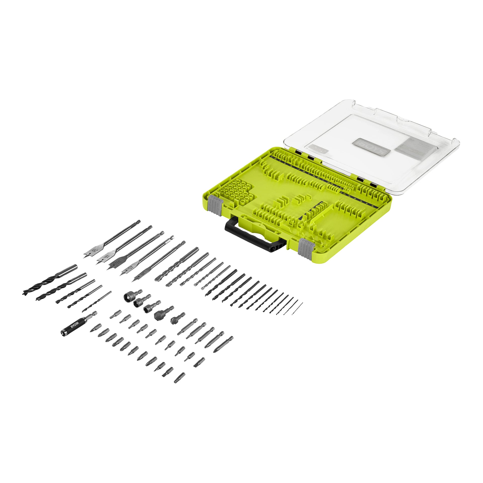 Ryobi 60-delat borr- och borrset i ett grönt fodral med genomskinligt lock, där organiserade borrbor och extra delar står uppradade utanför.