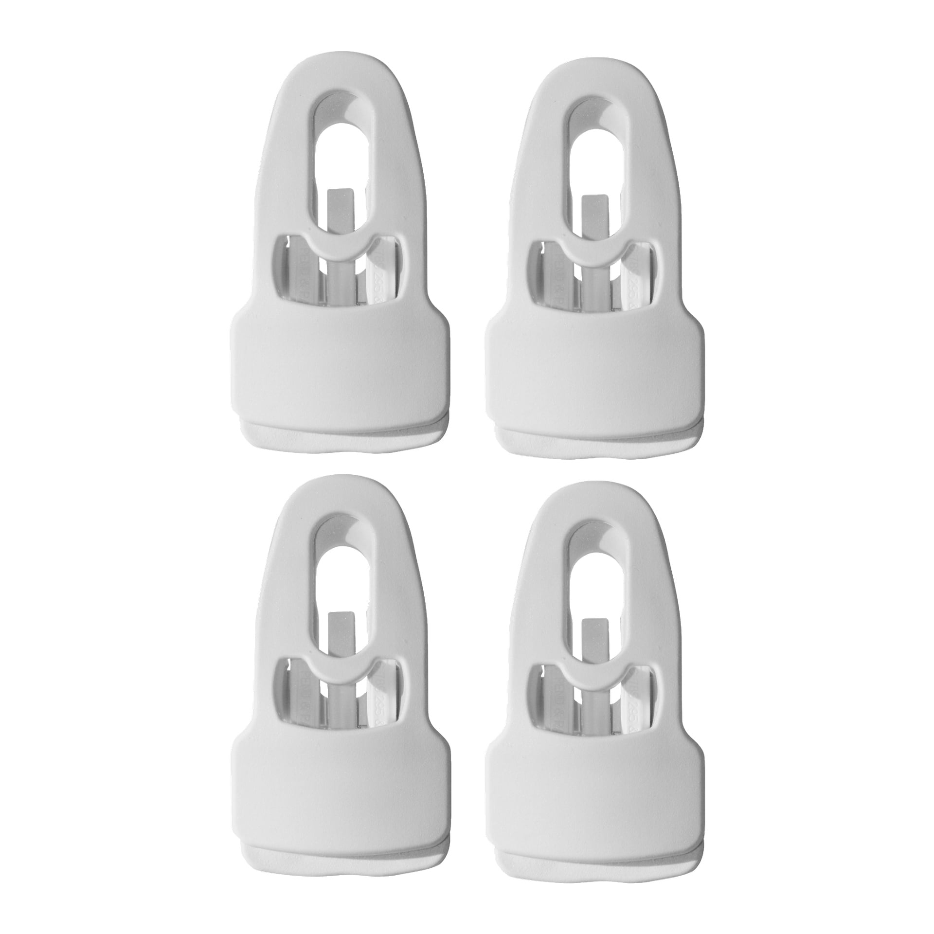 Fyra identiska Holdon-system Multi-clamps från ett fyrpack är arrangerade i ett 2x2-rutnät. Varje klämma är gjord av vit plast, med en rektangulär bas och en ovalformad öppning upptill.