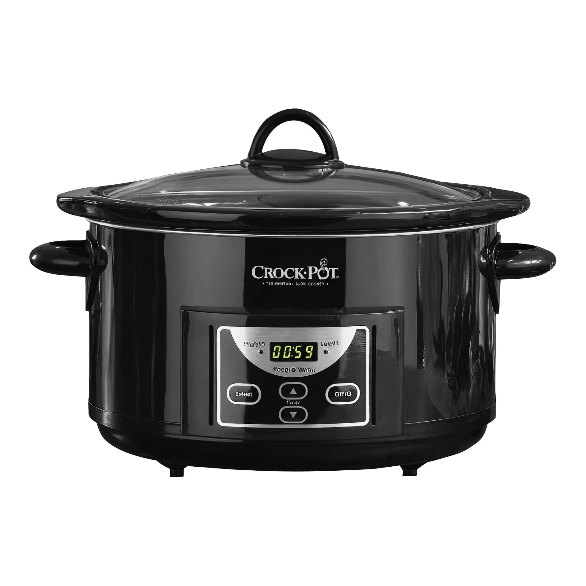Svart Crockpot Slow Cooker med glasslokk, digital skjerm som viser 00:59, og knapper merket høy, lav, varm og av.
