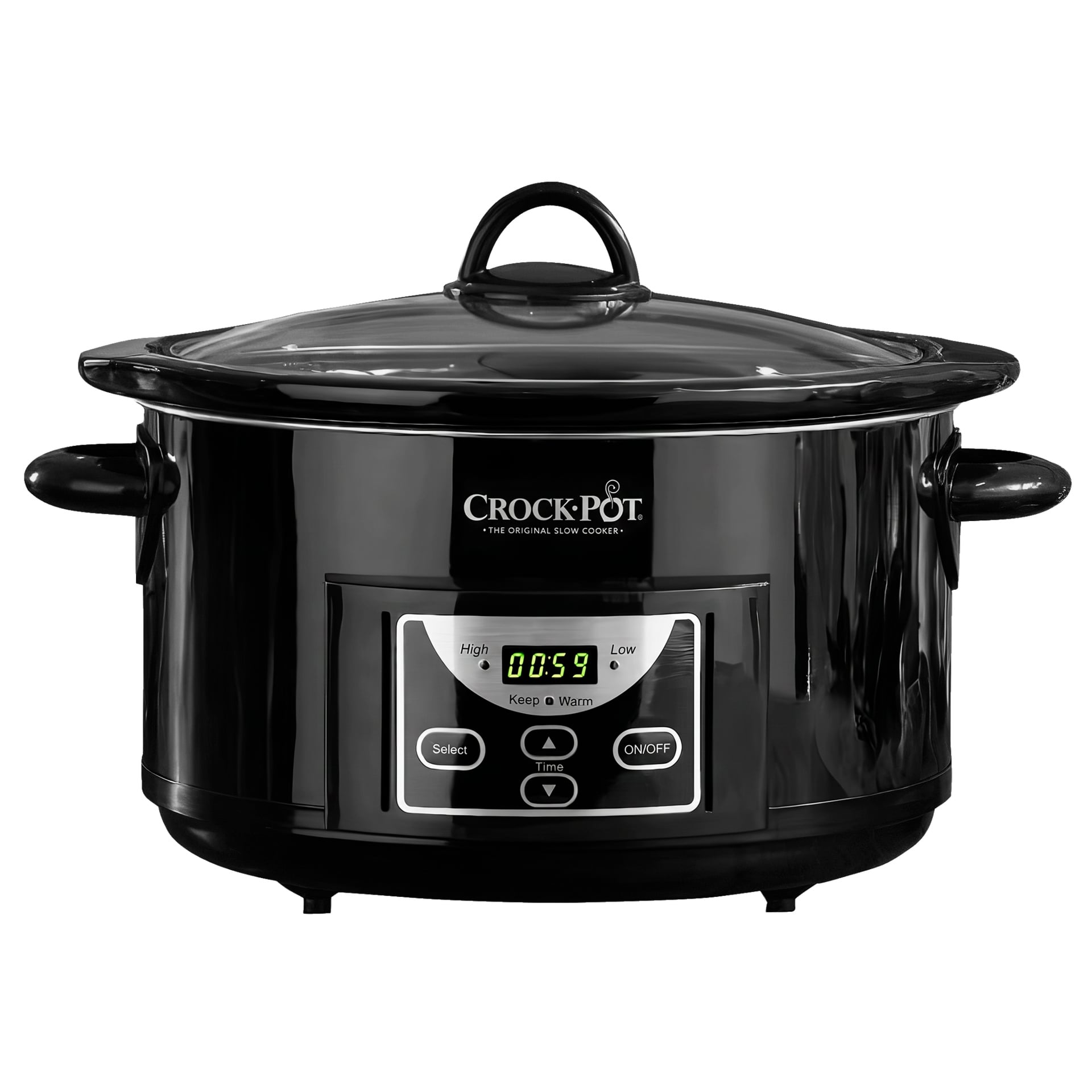 Svart Crockpot slow cooker med glaslock och kontrollpanel som visar 00:59.