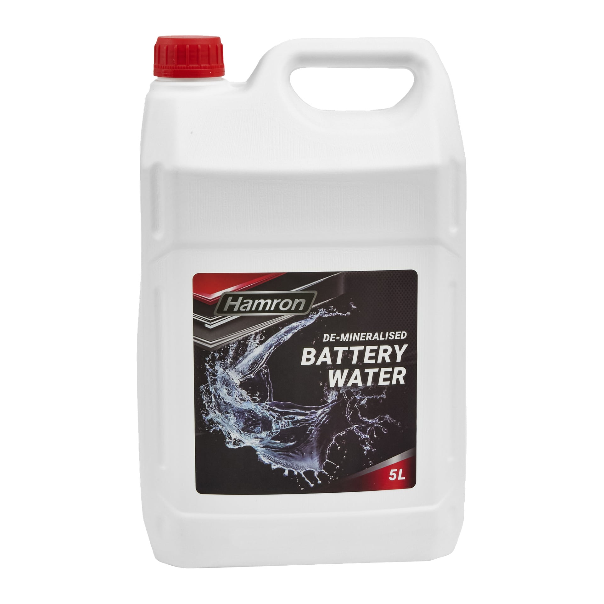 Valkoinen 5-litrainen Hamron Battery Water -säiliö, jossa on punainen ruuvikorkki ja etupuolella roiskevan veden grafiikka.