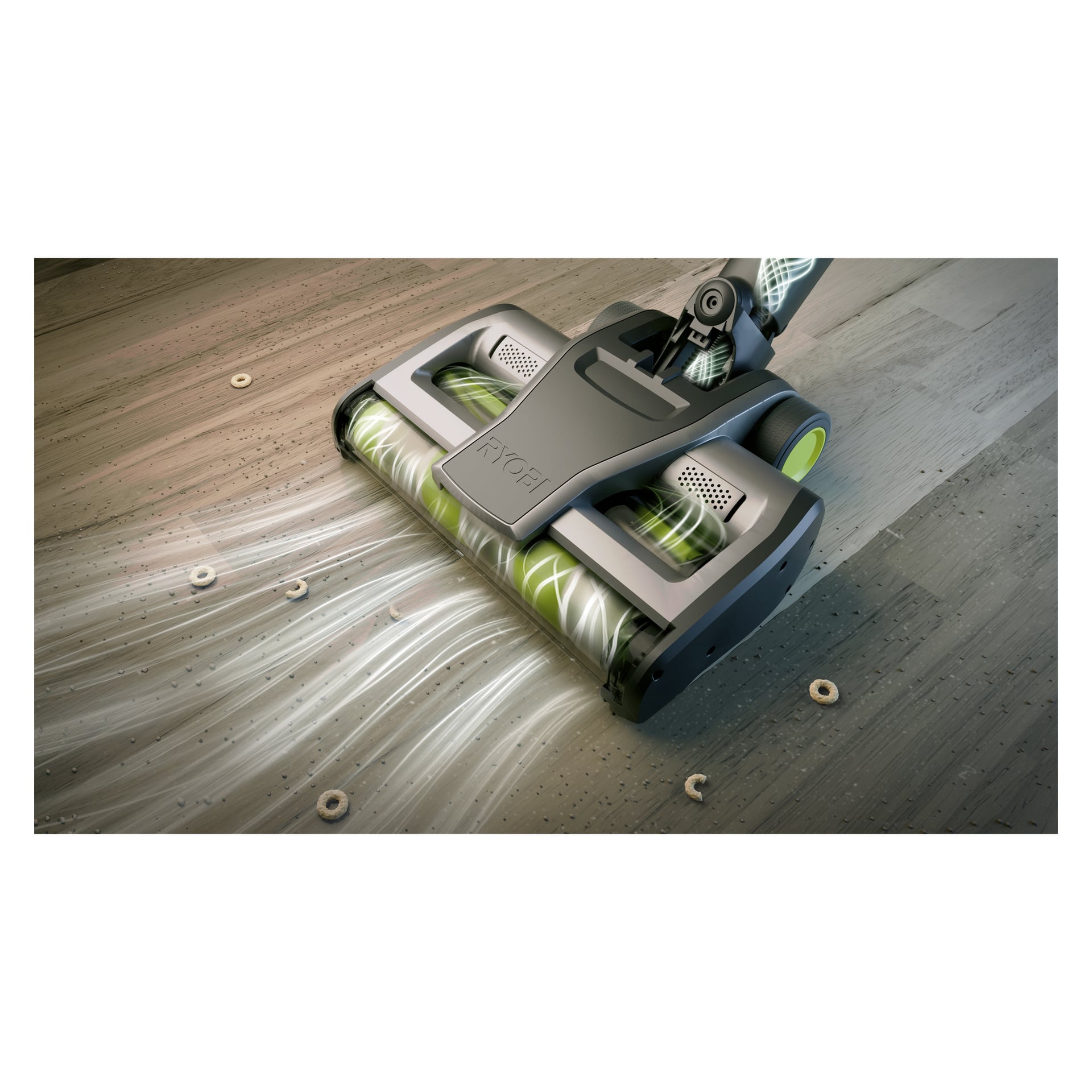 Ryobi One+ Upright dammsugare RASV18BL-1X40G med dubbla borstrullar för att rengöra flingor, damm och skräp från ett trägolv; Logotyp synlig.