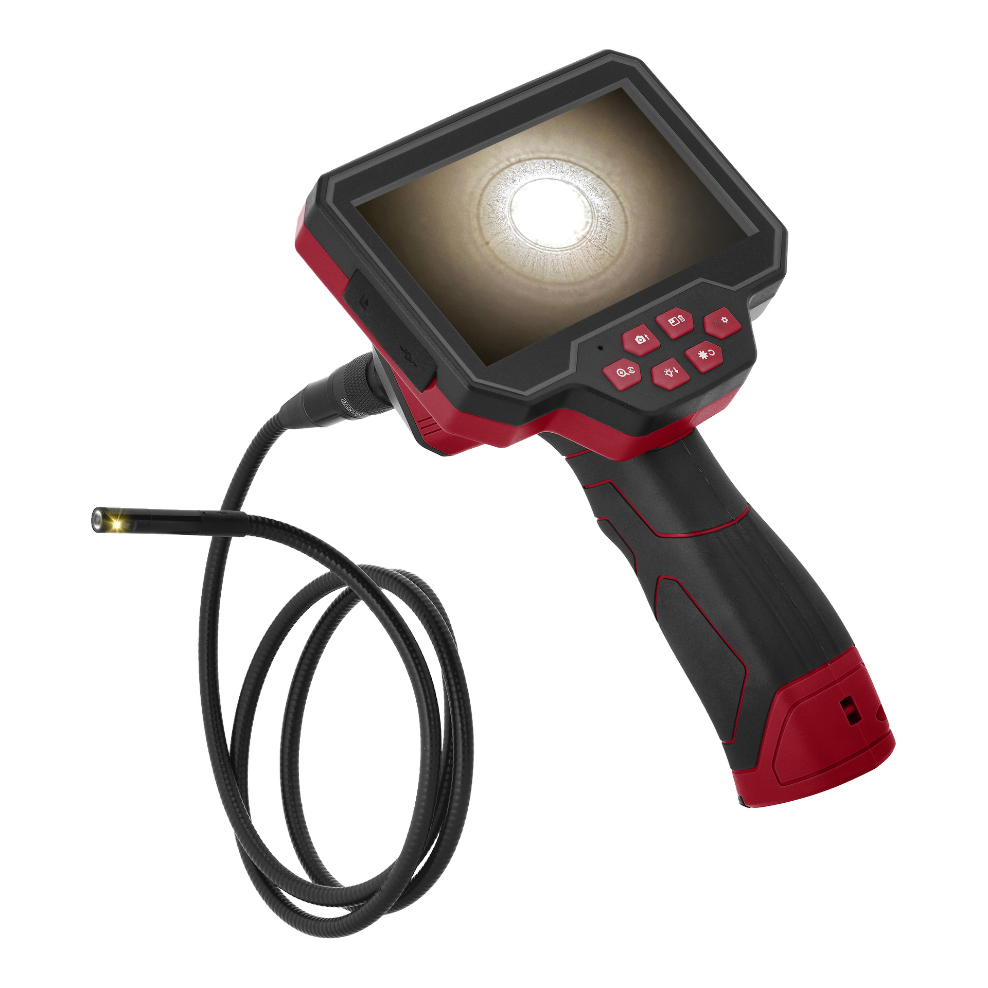 En svart och röd Meec Tools Inspection-kamera med texturerat grepp, flexibel kabel, skärm som visar en belyst cirkel och röda knappar.