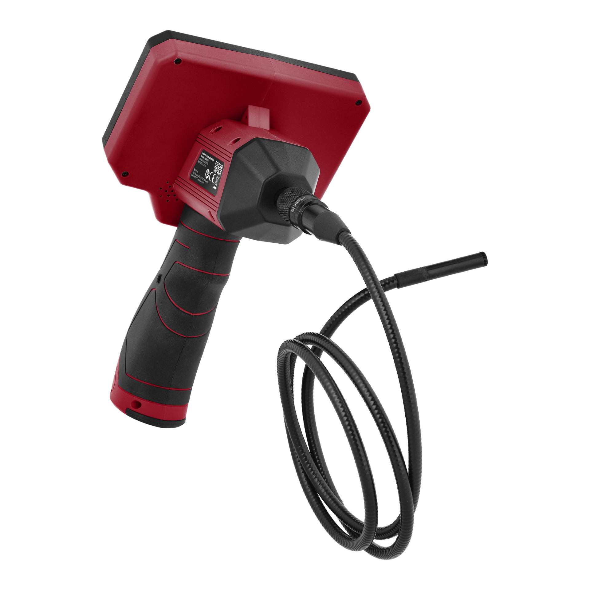 En röd och svart Meec Tools Inspection Camera med ergonomiskt grepp, stor display och en böjbar kameraspetskabel.