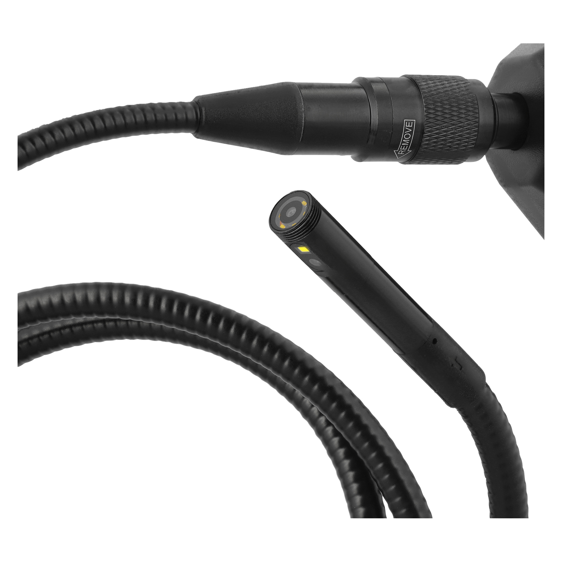 Närbild av Meec Tools Inspection-kameran, med ett svart flexibelt kamerahus, LED vid objektivet och en spiralad anslutningskabel.