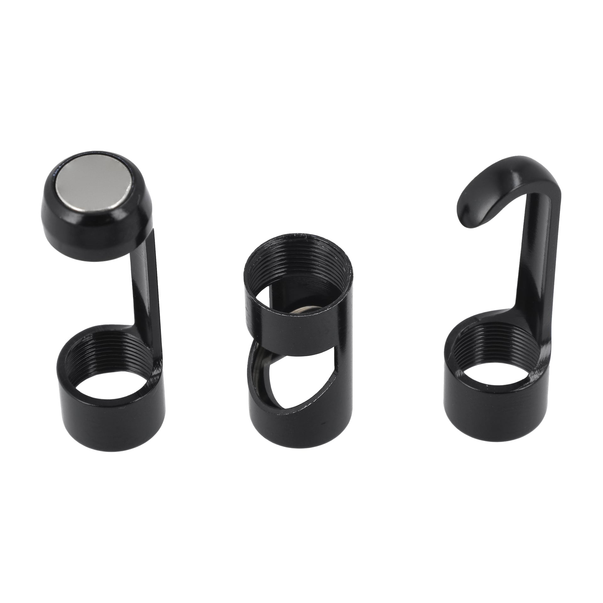 Tre upprättstående svarta Meec Tools inspektionskameratillbehör, var och en med en gängad bas och en distinkt krokformad design.