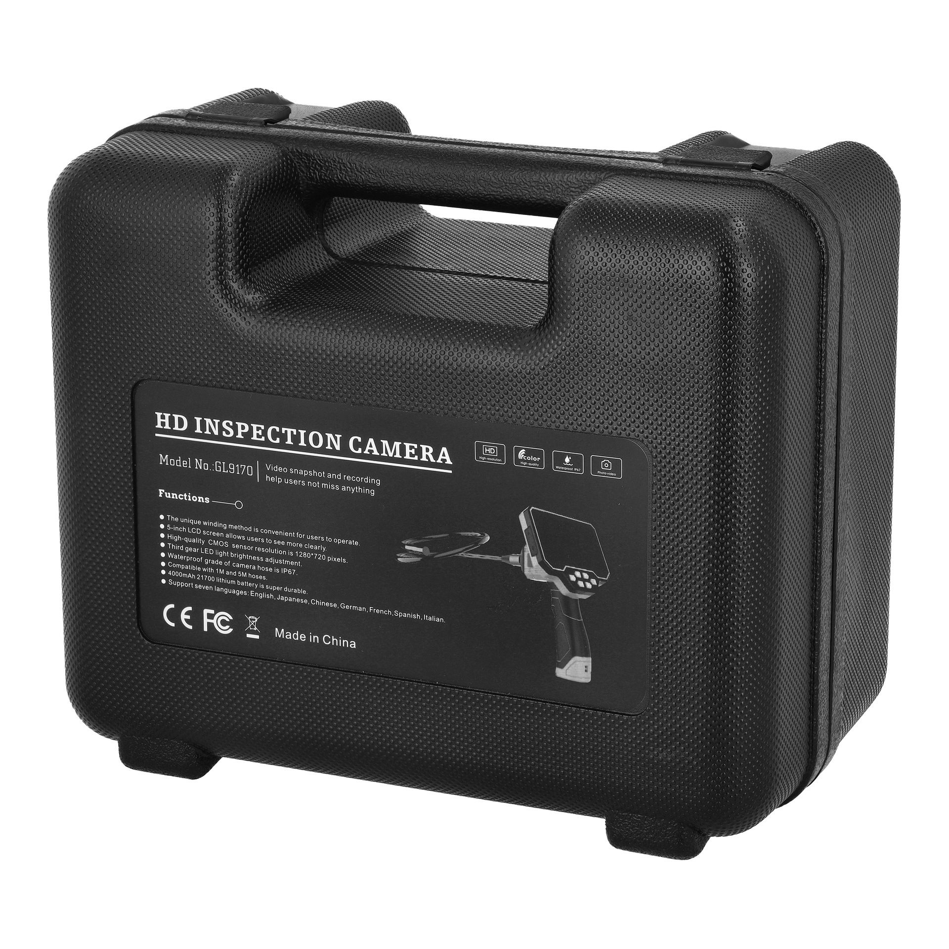 Svart plastväska med handtag, etikett "Meec Tools Inspection Camera", funktionslista, modell 613710 och produktbild.