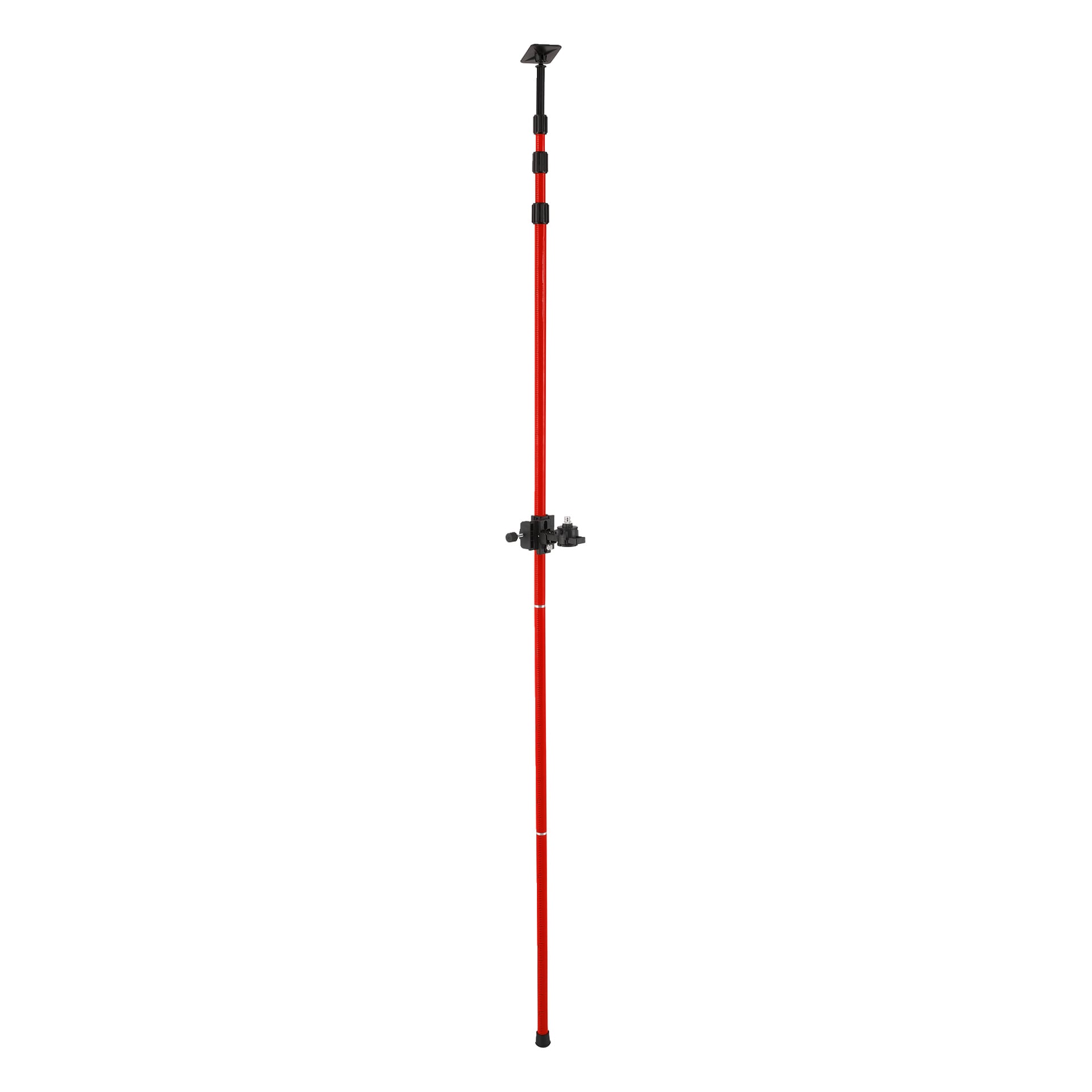 Meec Tools teleskopstativ har en röd stång, svarta klämmor och ett centralt fäste för att montera laserinstrument säkert.