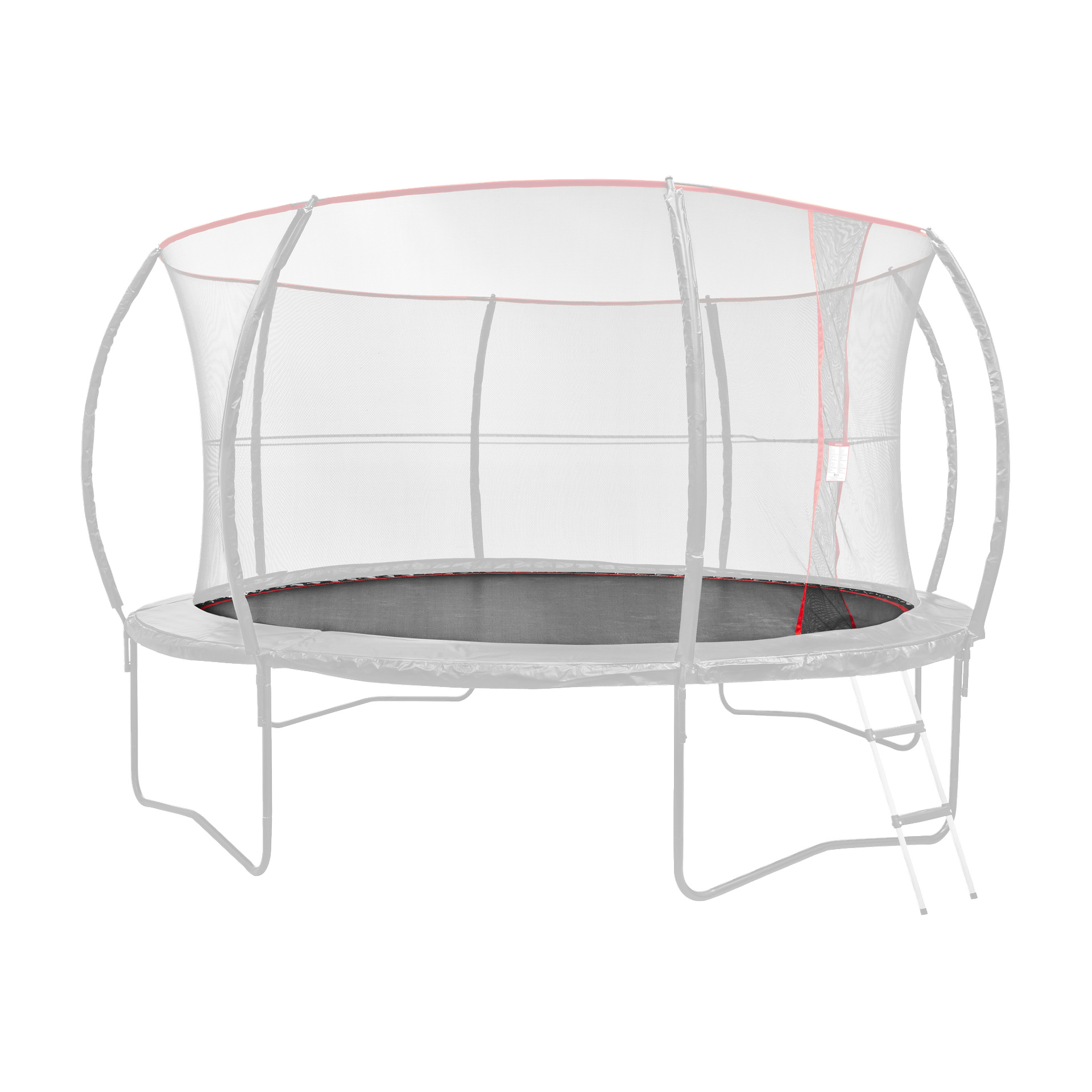 En rund svart trampolinmatta med säkerhetsnät, silverram, matchande stänger och en fastsatt stege för enkel åtkomst.
