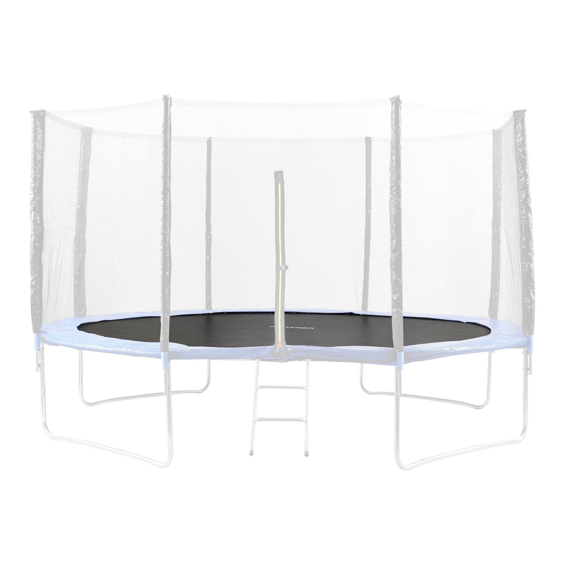 Hoppande Cloth-trampolinen har en cirkulär form, blå skyddsvaddering, nät på stolpar och en liten metallstege fram.