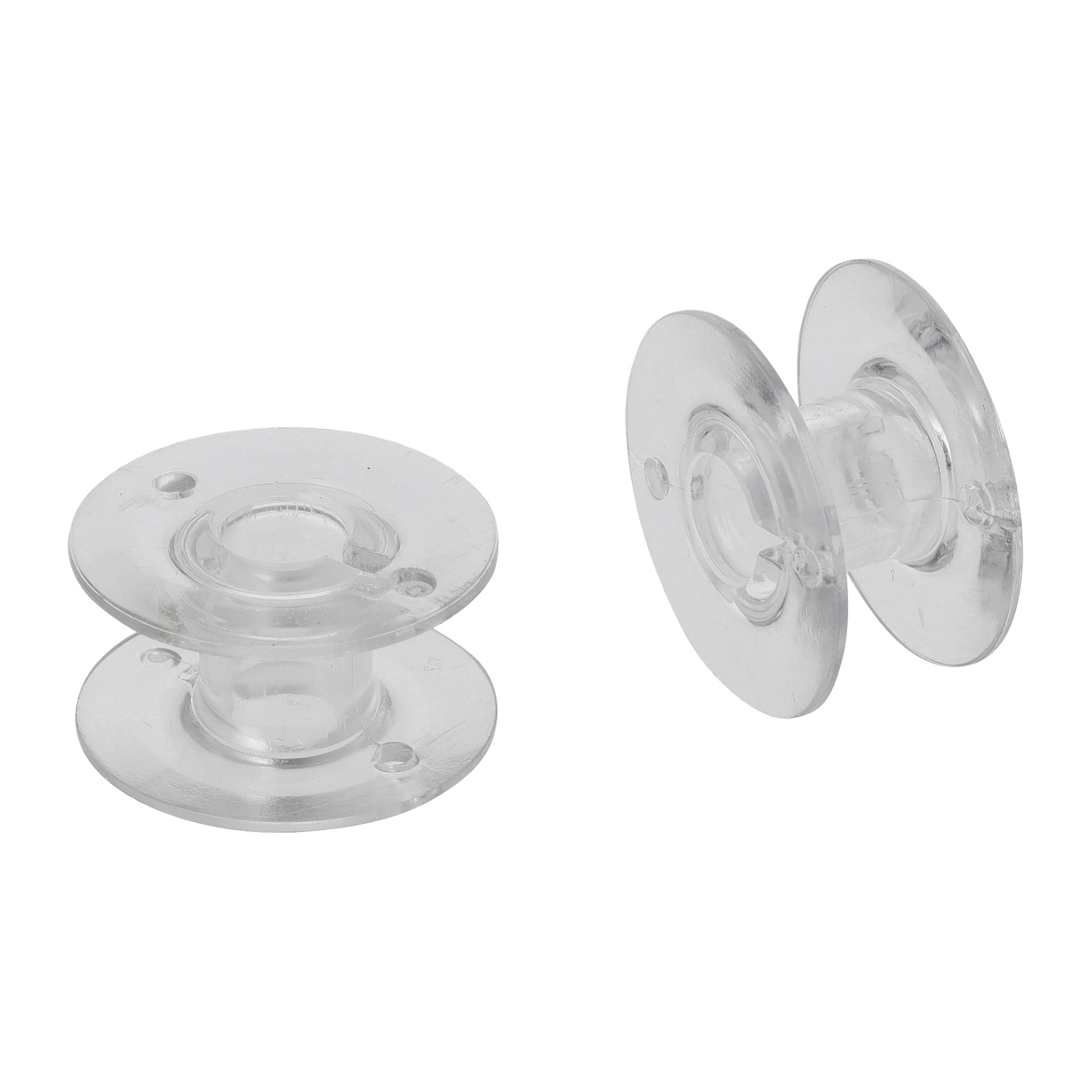 Bobbin symaskins 2-pack innehåller två genomskinliga plastspolar, en platt och en upprätt, vilket visar deras cylindriska form och hål.