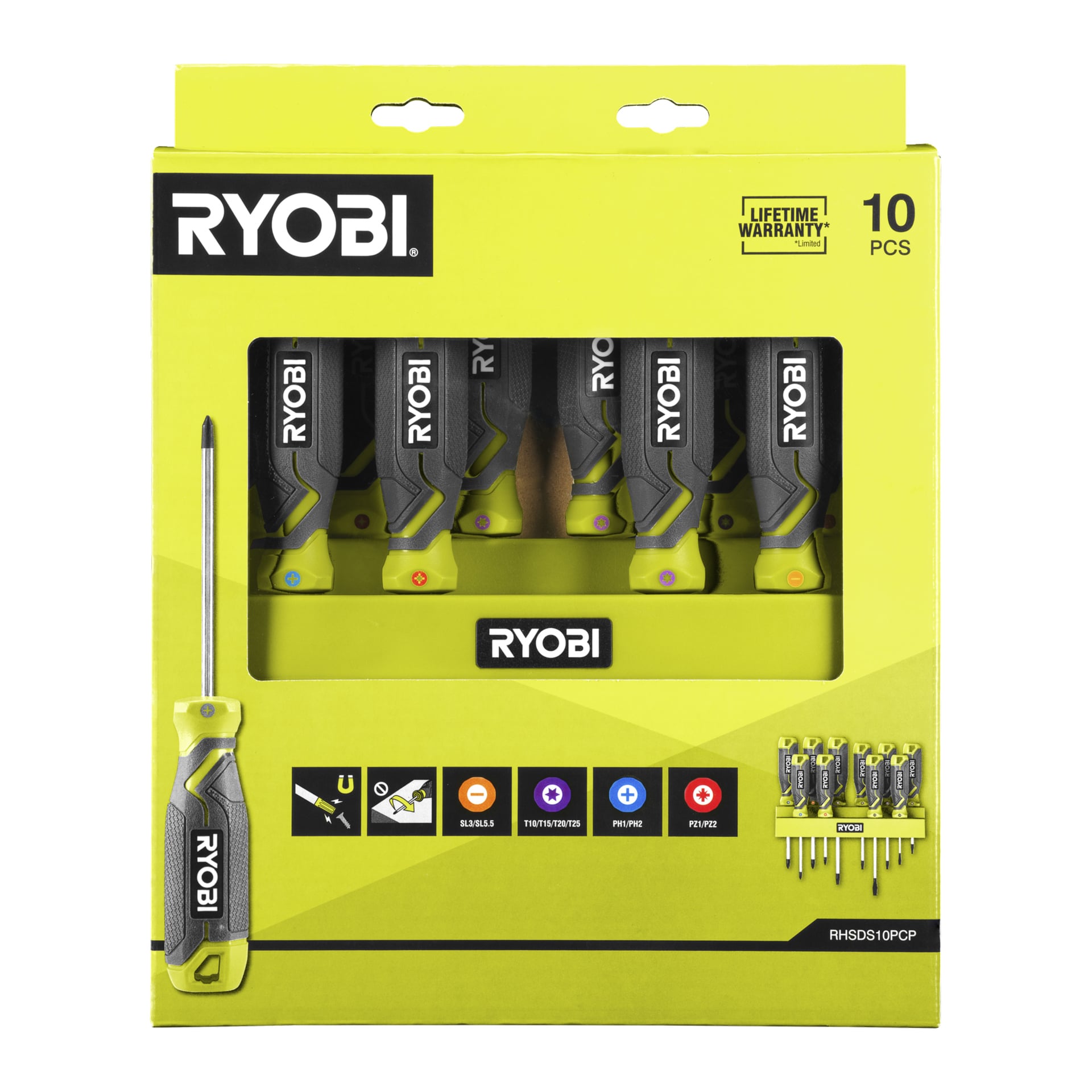 Ryobi RHSDS10PCP 10-teiliges Schraubendreher-Set in grüner Verpackung, das das Logo, das Garantieetikett und Schraubendreher-Symbole zeigt. Ein Schraubendreher wird außerhalb der Box ausgestellt.