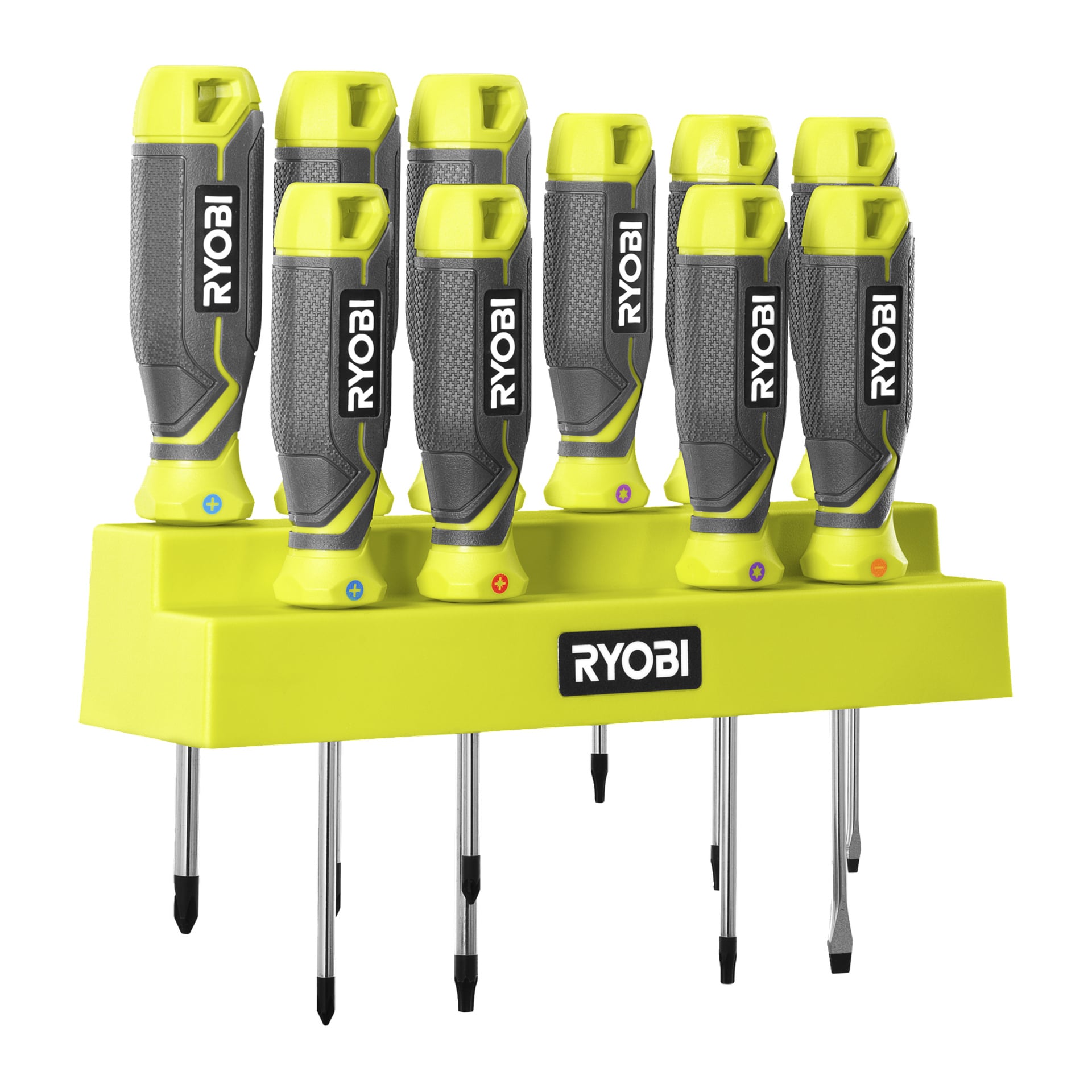 Ryobi RHSDS10PCP 10-teiliges Schraubenzieherset mit grauen und gelben Griffen, ordentlich in einem gelben Halter mit dem Ryobi-Logo aufbewahrt.