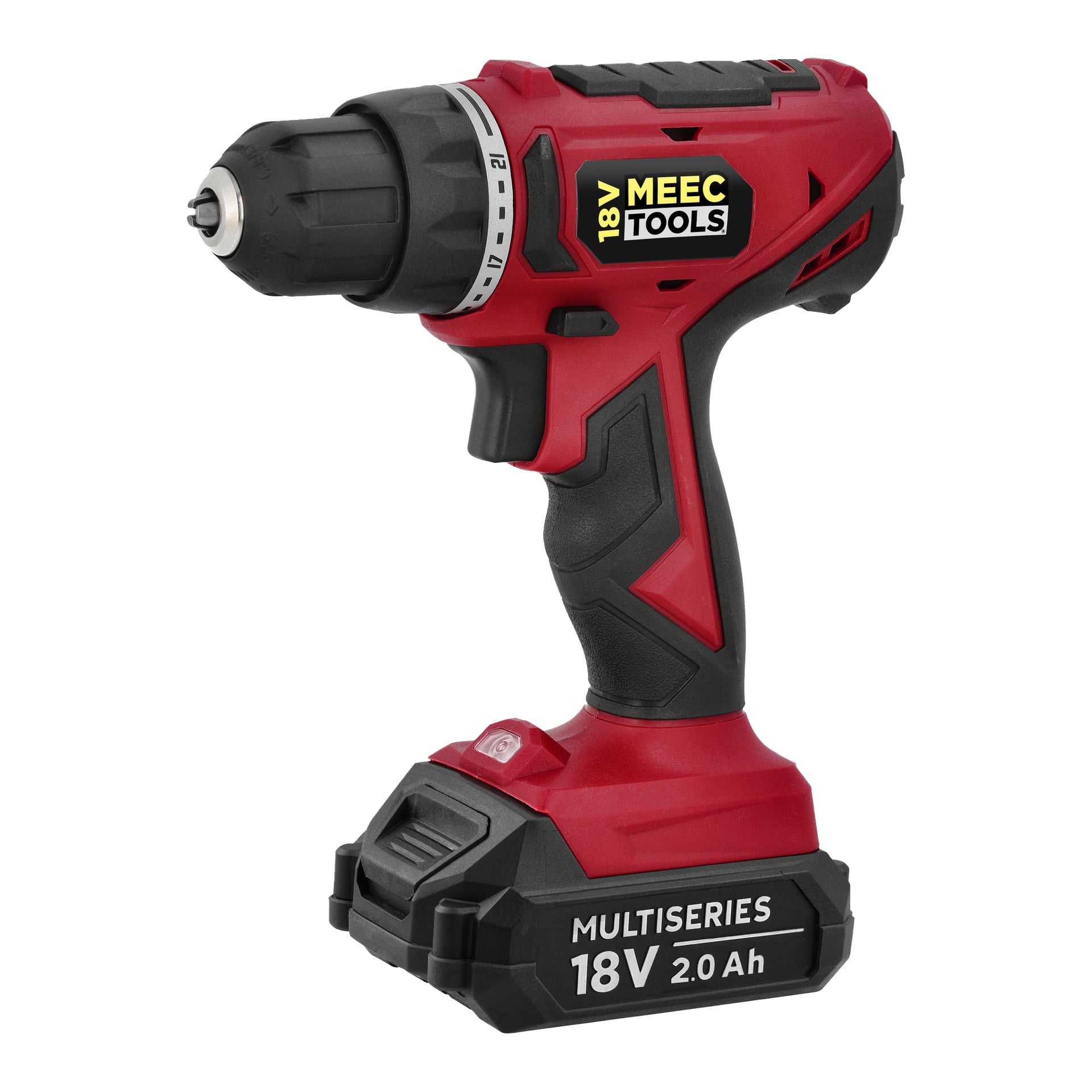 Röd och svart sladdlös borrmaskin märkt MEEC TOOLS 18V, med MULTISERIES 18V 2.0 Ah på batteriet; Nyckellös chuck, ergonomiskt grepp.