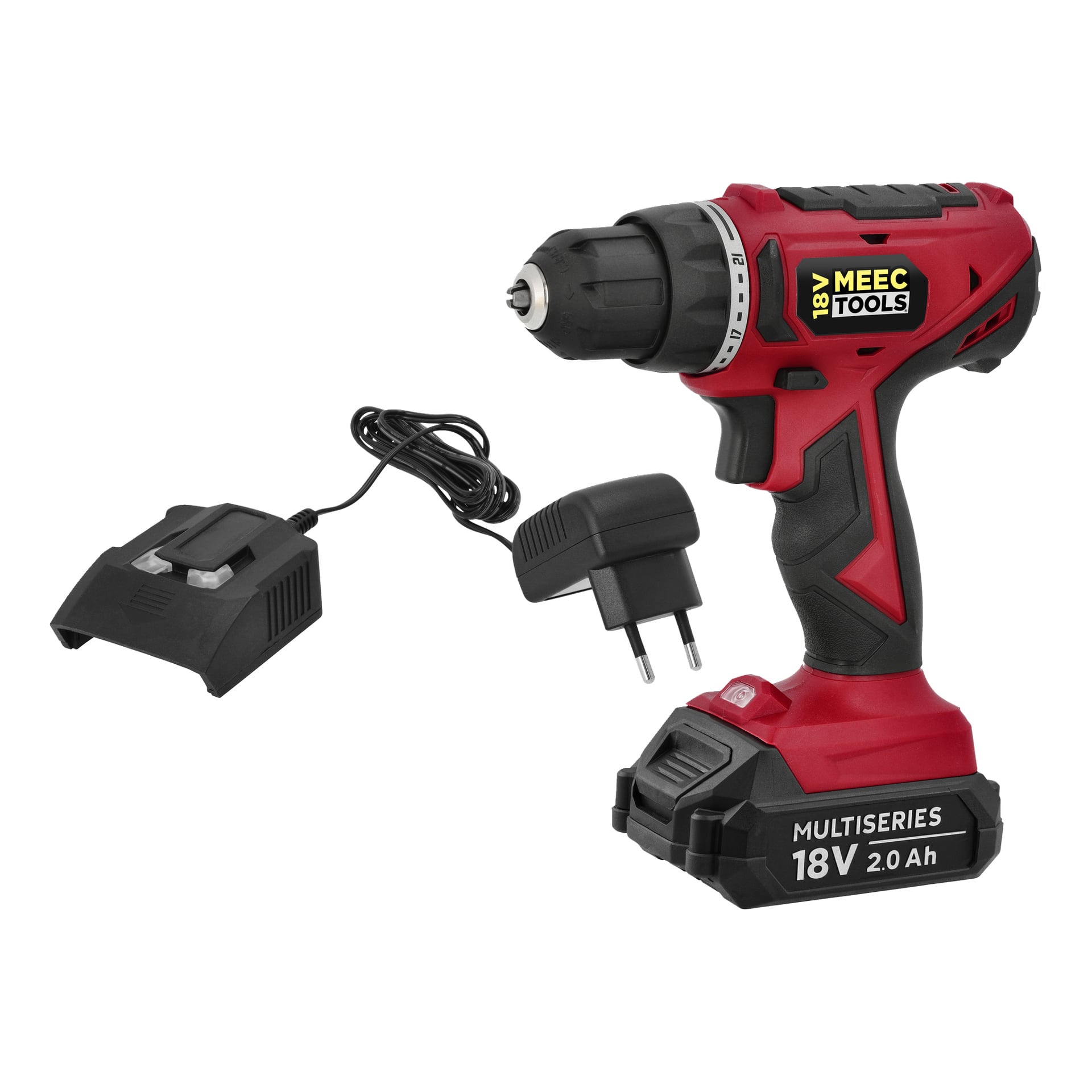 Röd och svart Meec Tools sladdlös borrmaskin med 18 V batteri, visas tillsammans med matchande laddare och strömadapter.