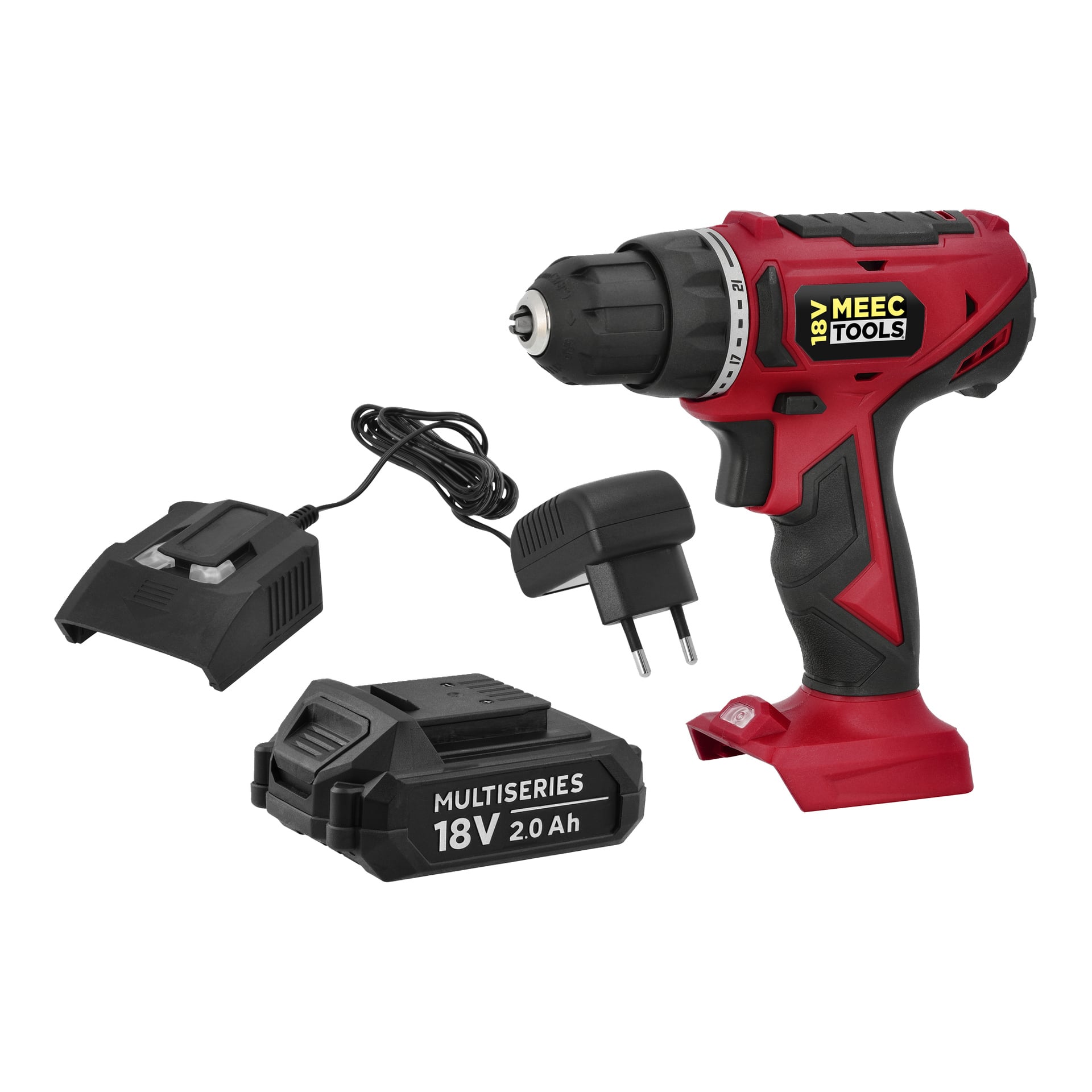 En röd och svart sladdlös borrmaskin med laddare, strömadapter och 18V 2,0Ah batteri märkt MEEC TOOLS och MULTISERIES.