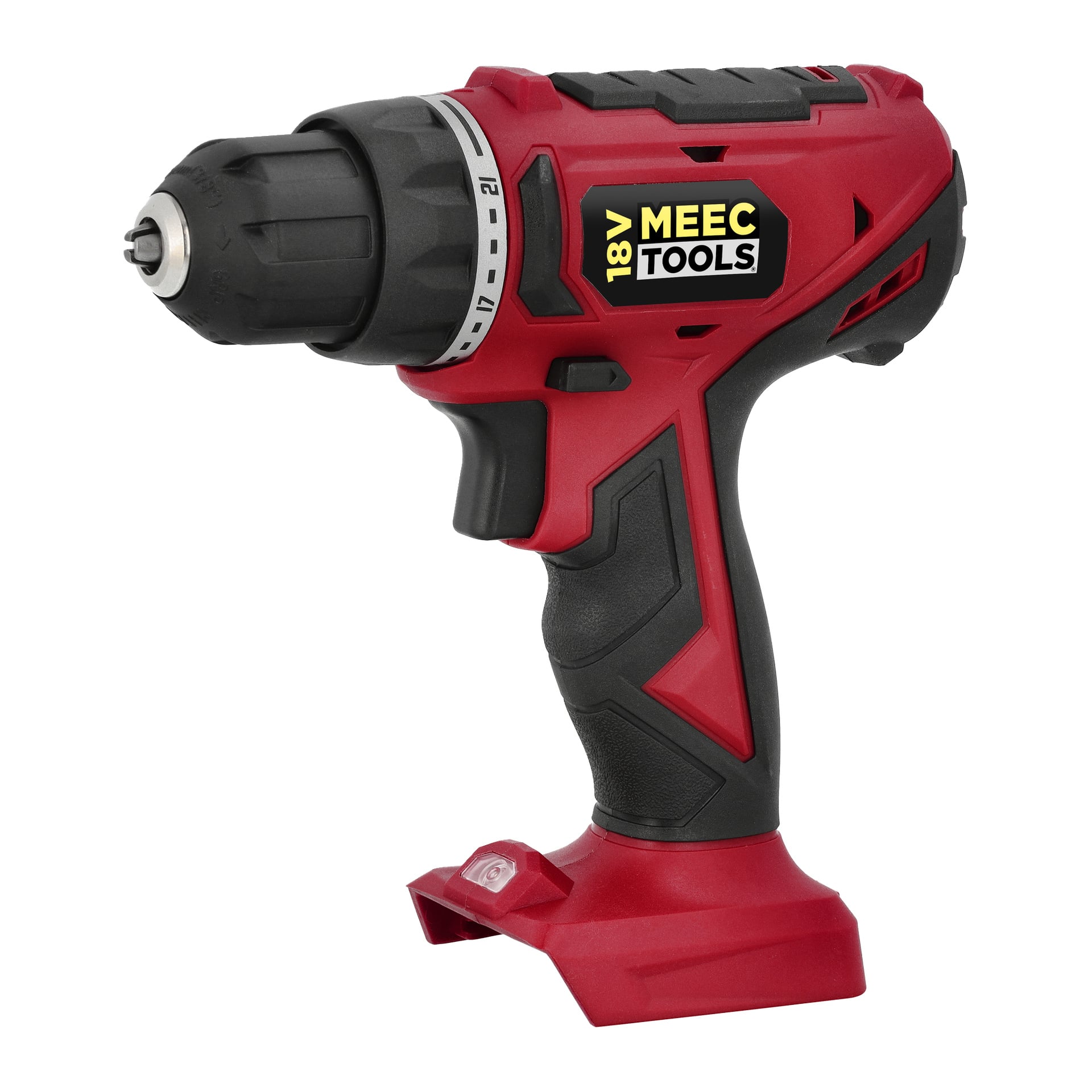 En röd och svart sladdlös borrmaskin märkt MEEC TOOLS 18V står upprätt och saknar sitt batteri vid basen.