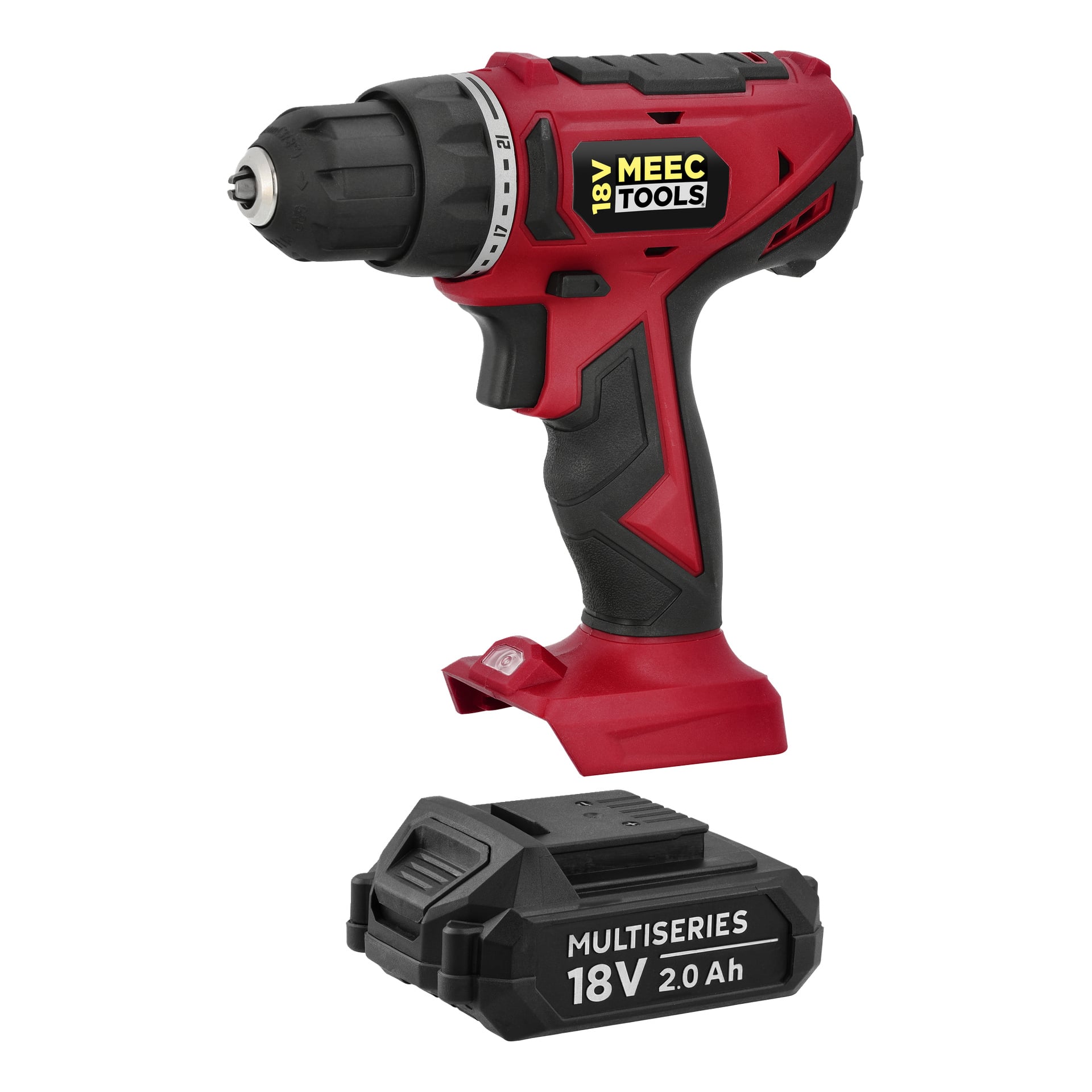 En röd och svart sladdlös borrmaskin märkt MEEC TOOLS 18V sitter bredvid ett löstagbart batteri märkt MULTISERIES 18V 2.0 Ah.