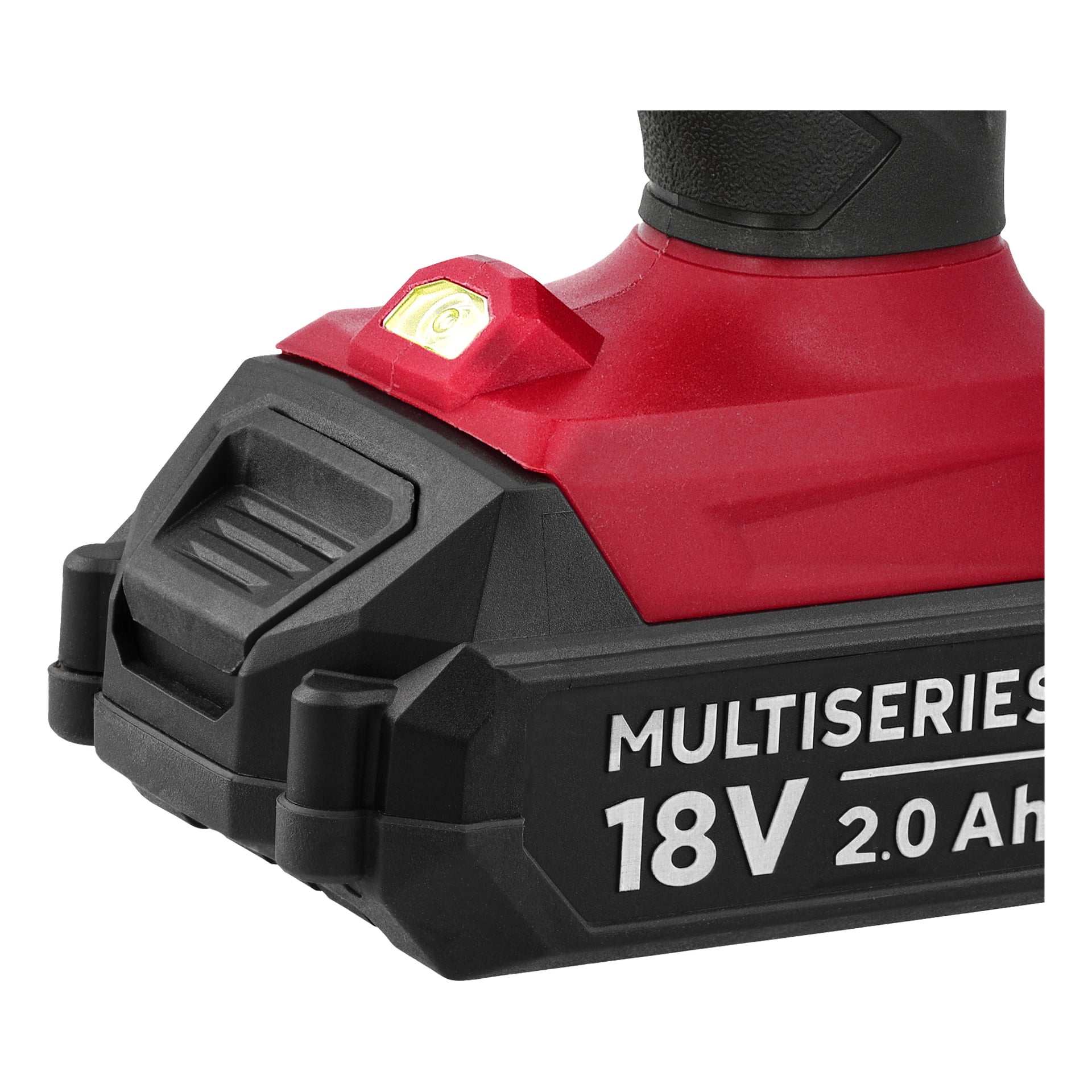 Närbild på undersidan av ett svart och rött sladdlöst verktyg, med ett 18V 2,0 Ah-batteri märkt MULTISERIES och ett gult värde på toppen.