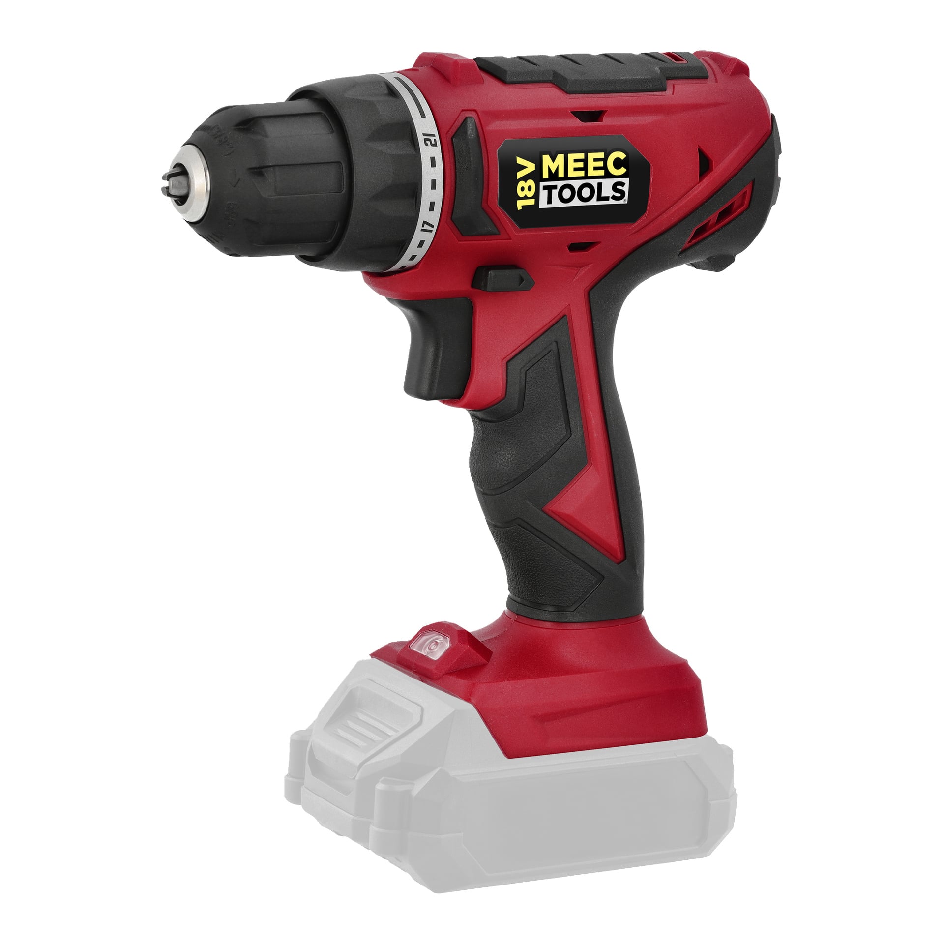 En sladdlös röd och svart borrmaskin märkt 18V MEEC TOOLS, saknar batteri, med en synlig chuck och vridmomentjustering.