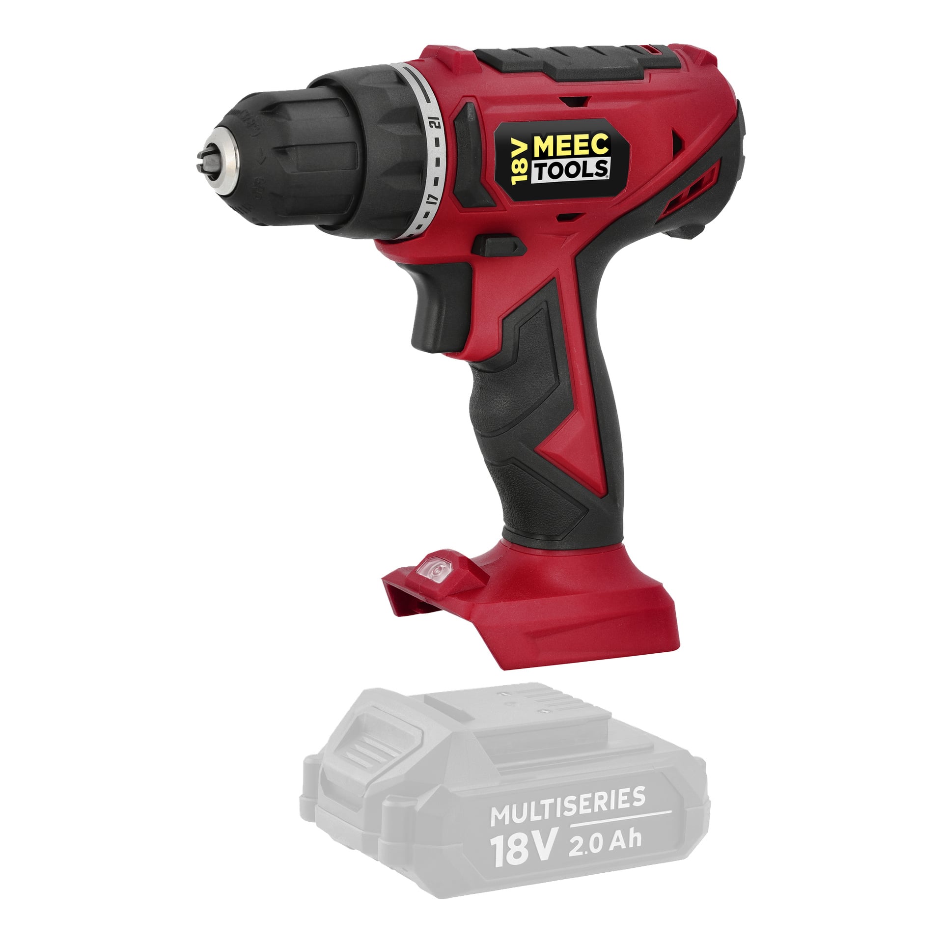 En röd och svart MEEC TOOLS 18V sladdlös borrmaskin visas utan batteri. Nedan visar en blek bild ett 18V 2,0 Ah batteri separat.