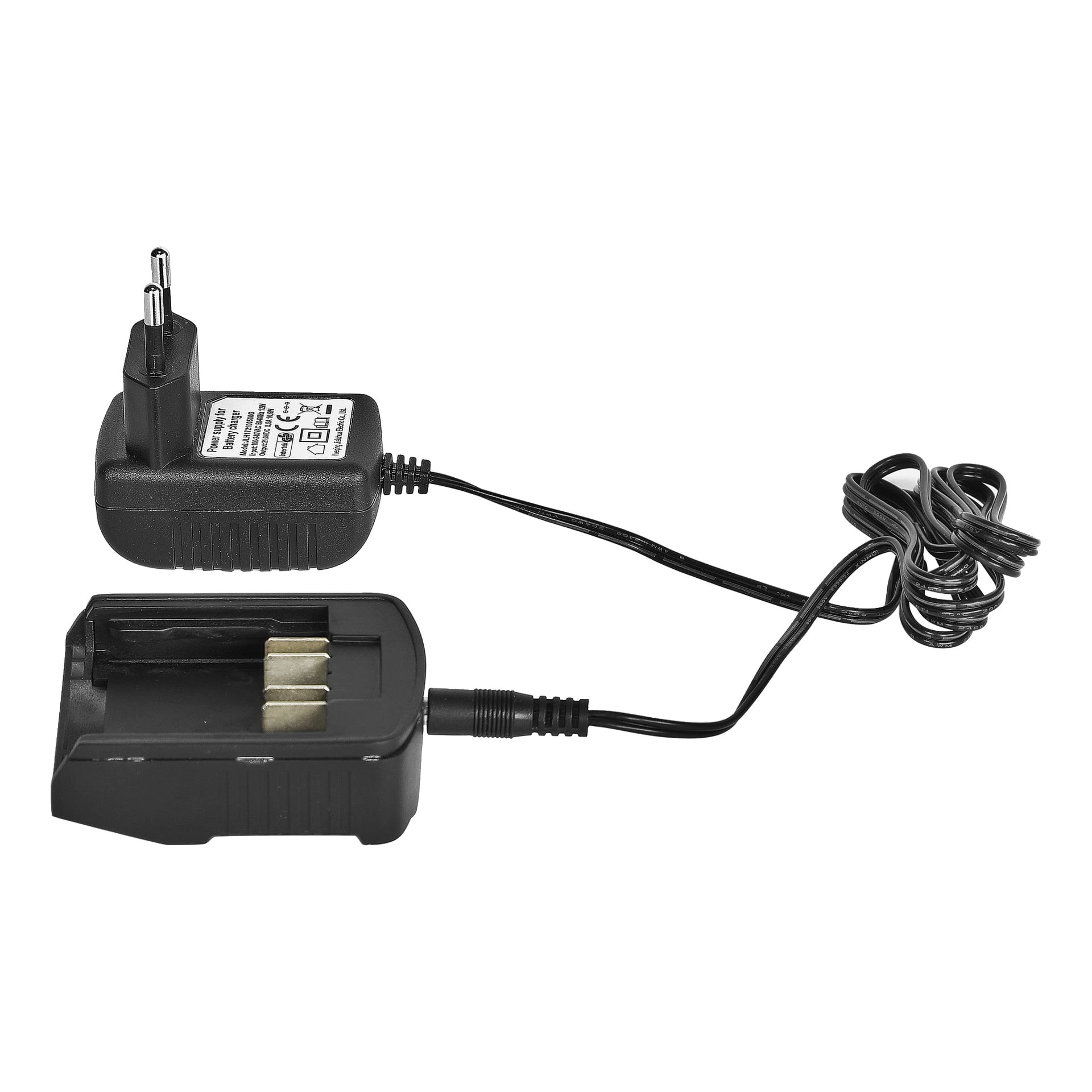 Meec Tools Multiseries Mini ładowarka CH-18V EASY 100 z czarnym europejskim adapterem i kablem podłączonym do stacji dokującej do ładowania baterii.
