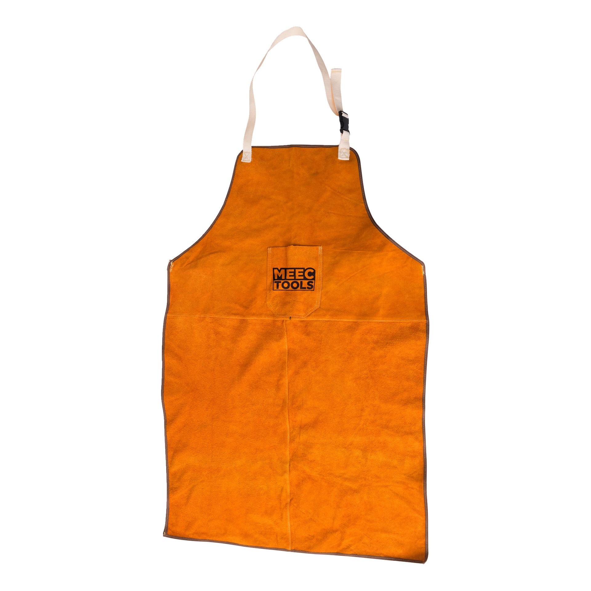 Oransje Meec Tools sveiseforkle med hvit halsstropp og liten frontlomme med logoen, laget av semsket materiale.