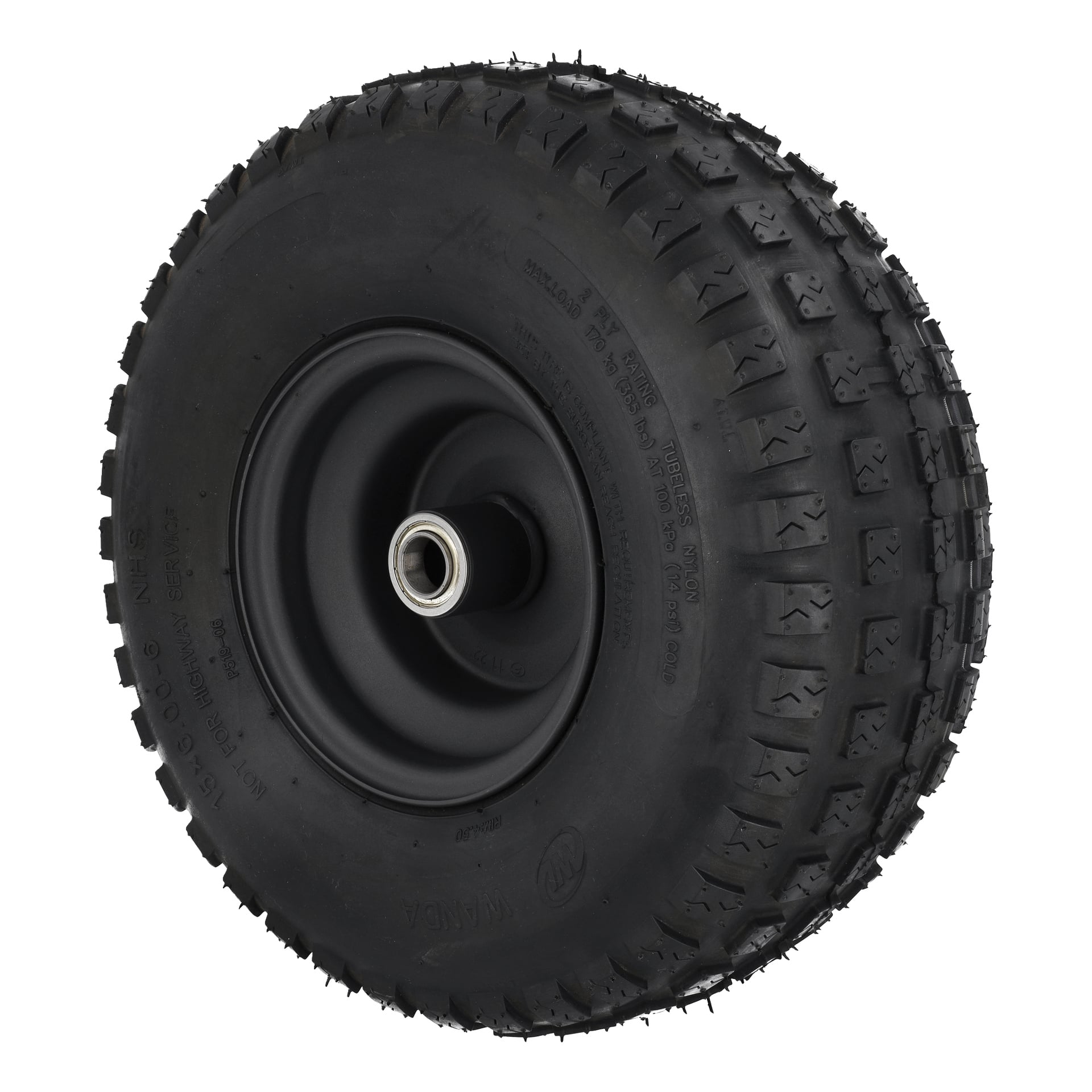 Wheel Cpl 15" har ett robust svart däck med djupa knoppiga mönster, metallnav och mitthål – perfekt för vagnar eller kärrar.