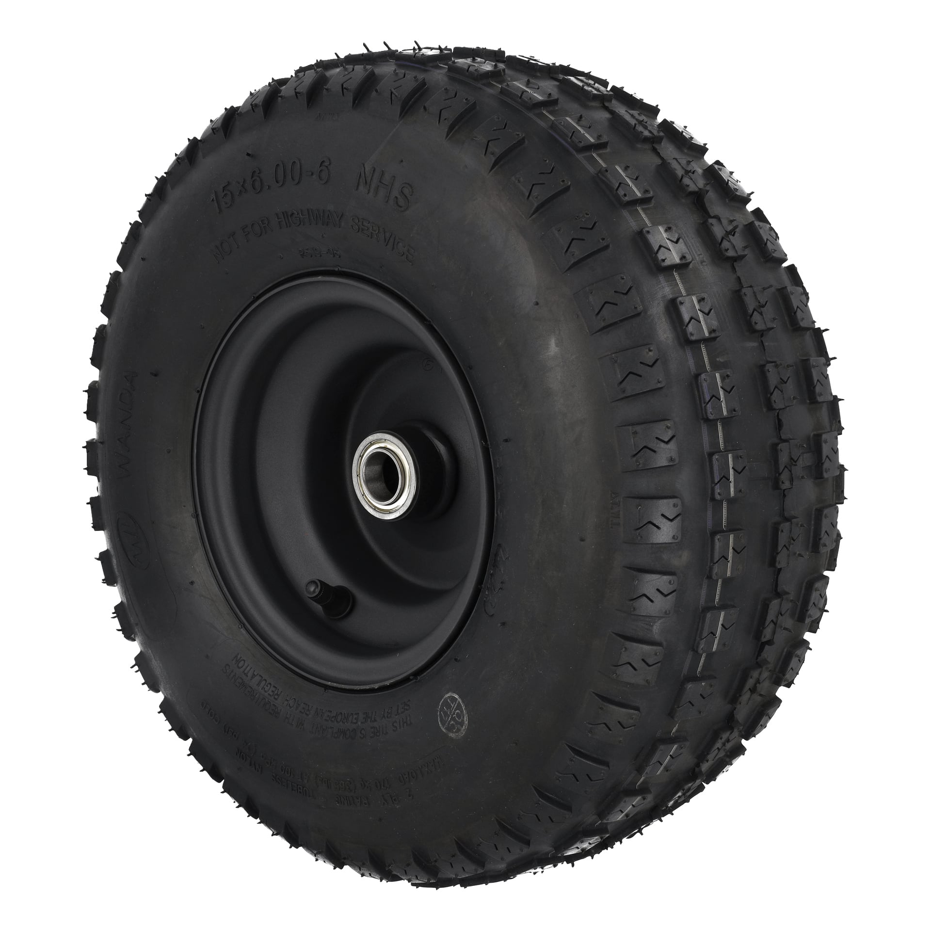 Wheel Cpl 15" visar ett knovigt svart gummidäck på en metallfälg, med mittlagret synligt, med specifikationer och varningar på sidan.
