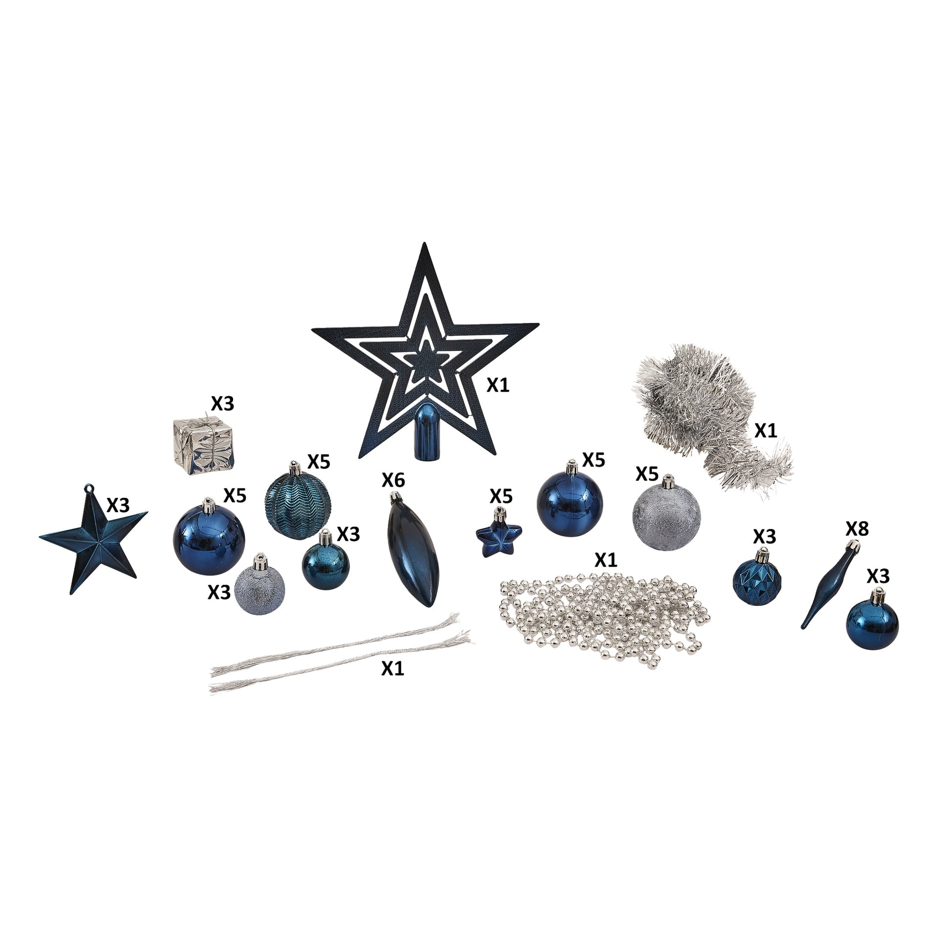 EKVIP Christmas Tree Decorations 60 delar innehåller blå och silverfärgade prydnader, en stjärntopp, glitter, pärlor och snören—alla med märkta mängder angivna som "60 pièces."