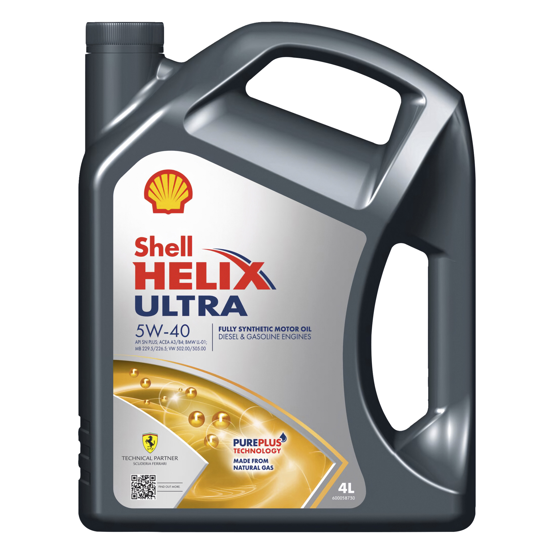 4-litrowy pojemnik na olej silnikowy Shell Helix Ultra, w pełni syntetyczny dla silników diesla i benzyny, z oznaczoną etykietą z przodu.