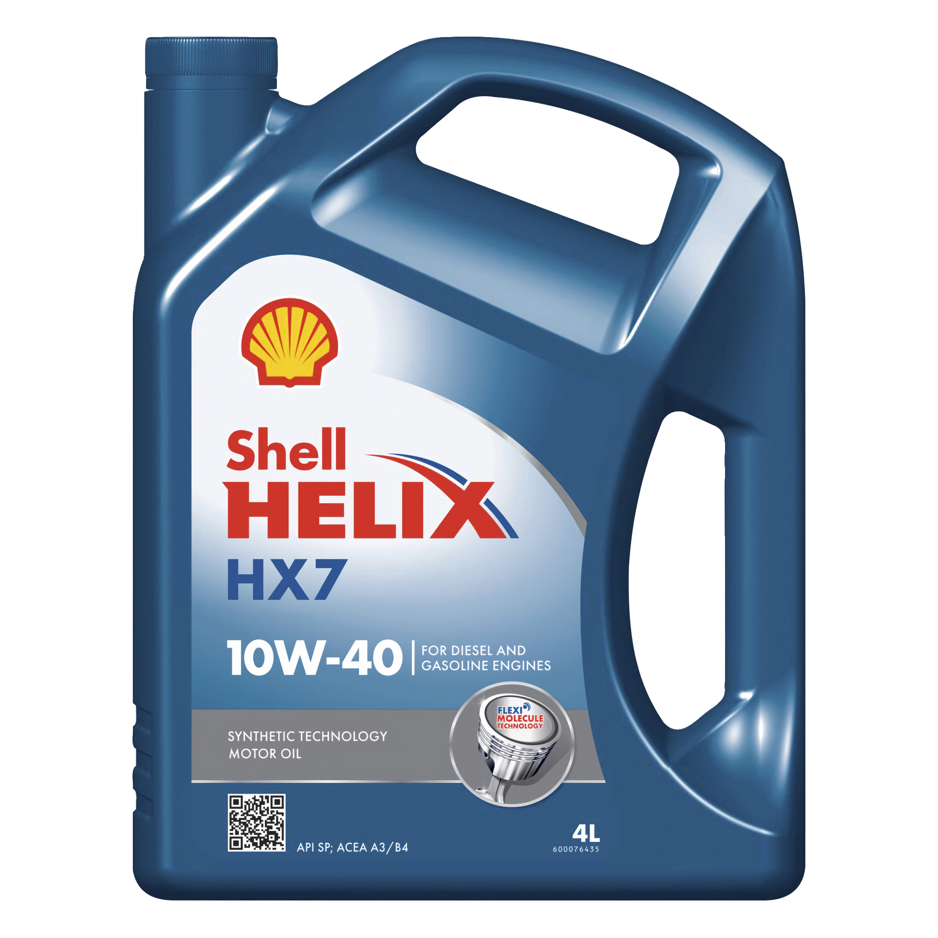 Niebieski 4-litrowy pojemnik na olej silnikowy Shell Helix Plus do silników diesla i benzyny, z logo Shell i informacjami o produkcie na etykiecie.