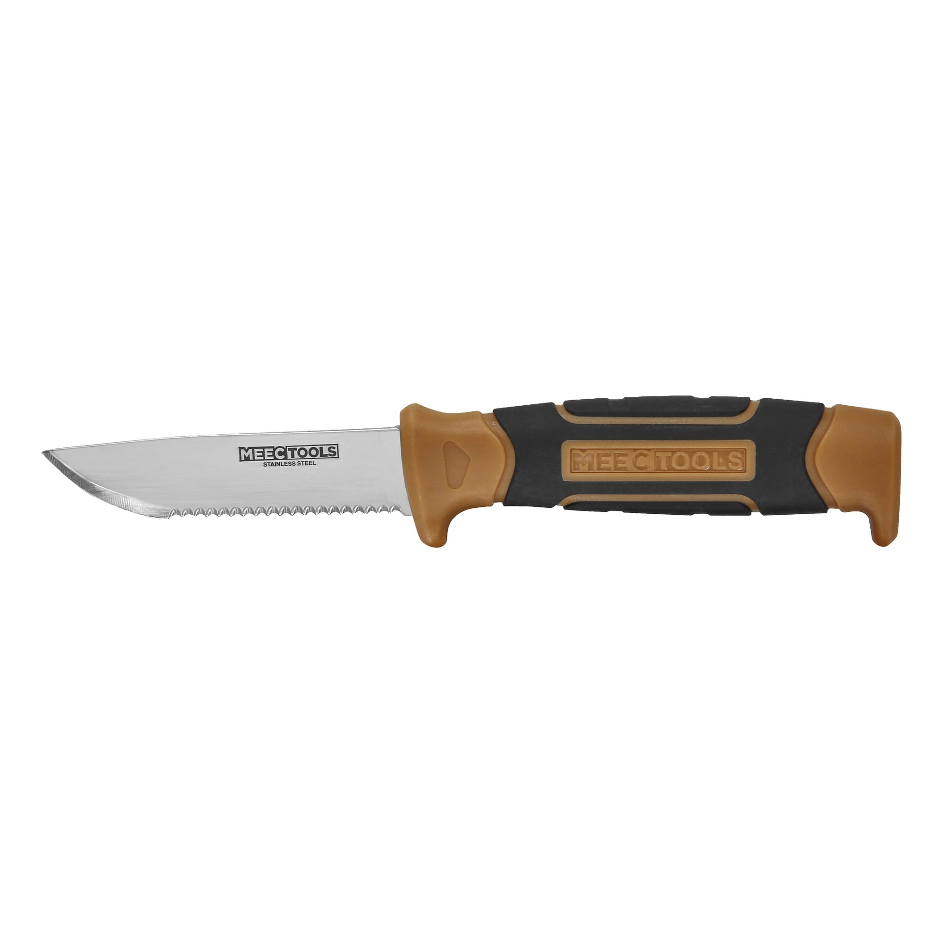 Meec Tools repkniv med ett tandat fast blad i rostfritt stål och ett svart och beige gummihandtag.