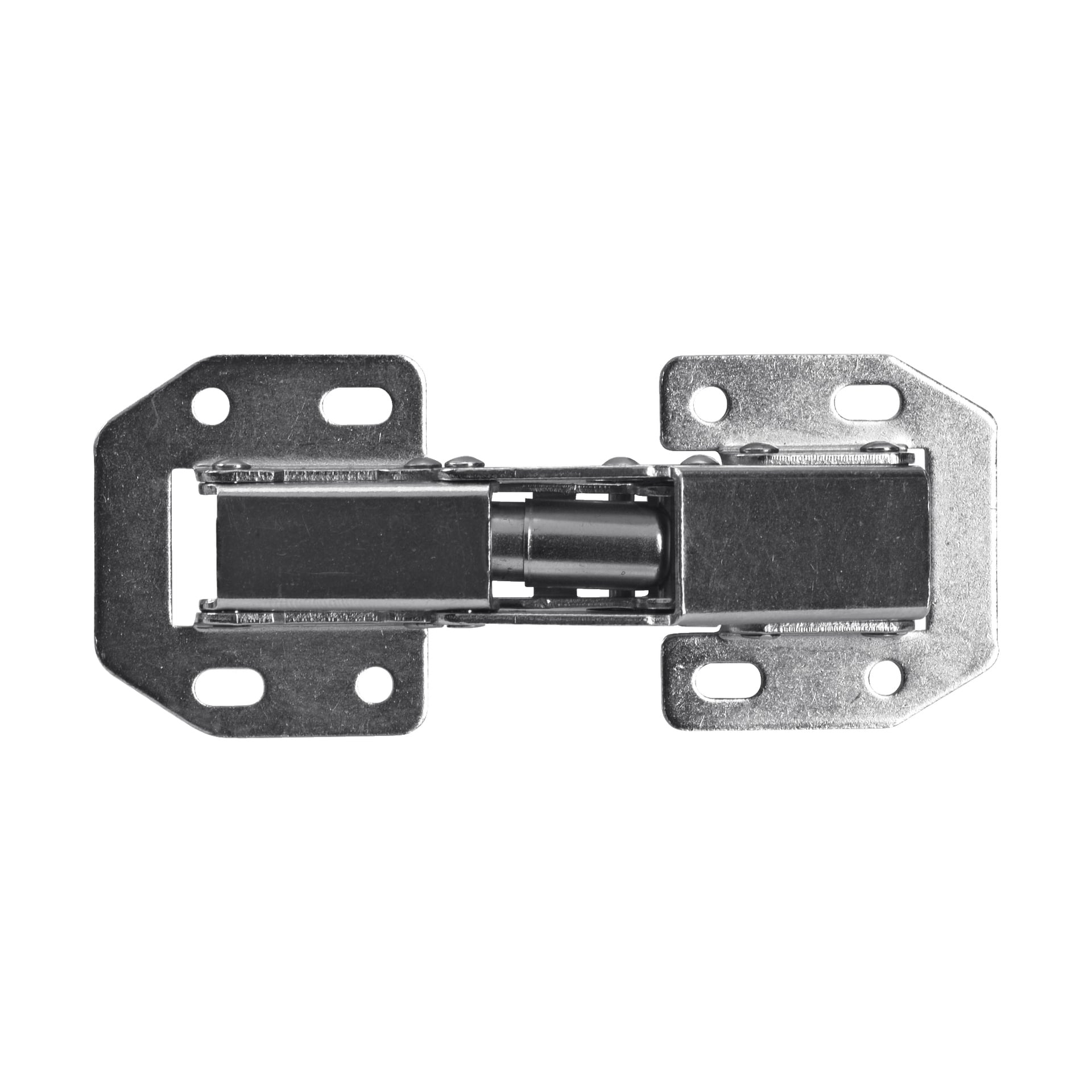 Ovenfra og ned bilde av et to-paknings Hard Head Selvlukkende hengsler, med solid metallkonstruksjon, fire monteringshull på hver side, og den sentrale pivotmekanismen vist i lukket tilstand.