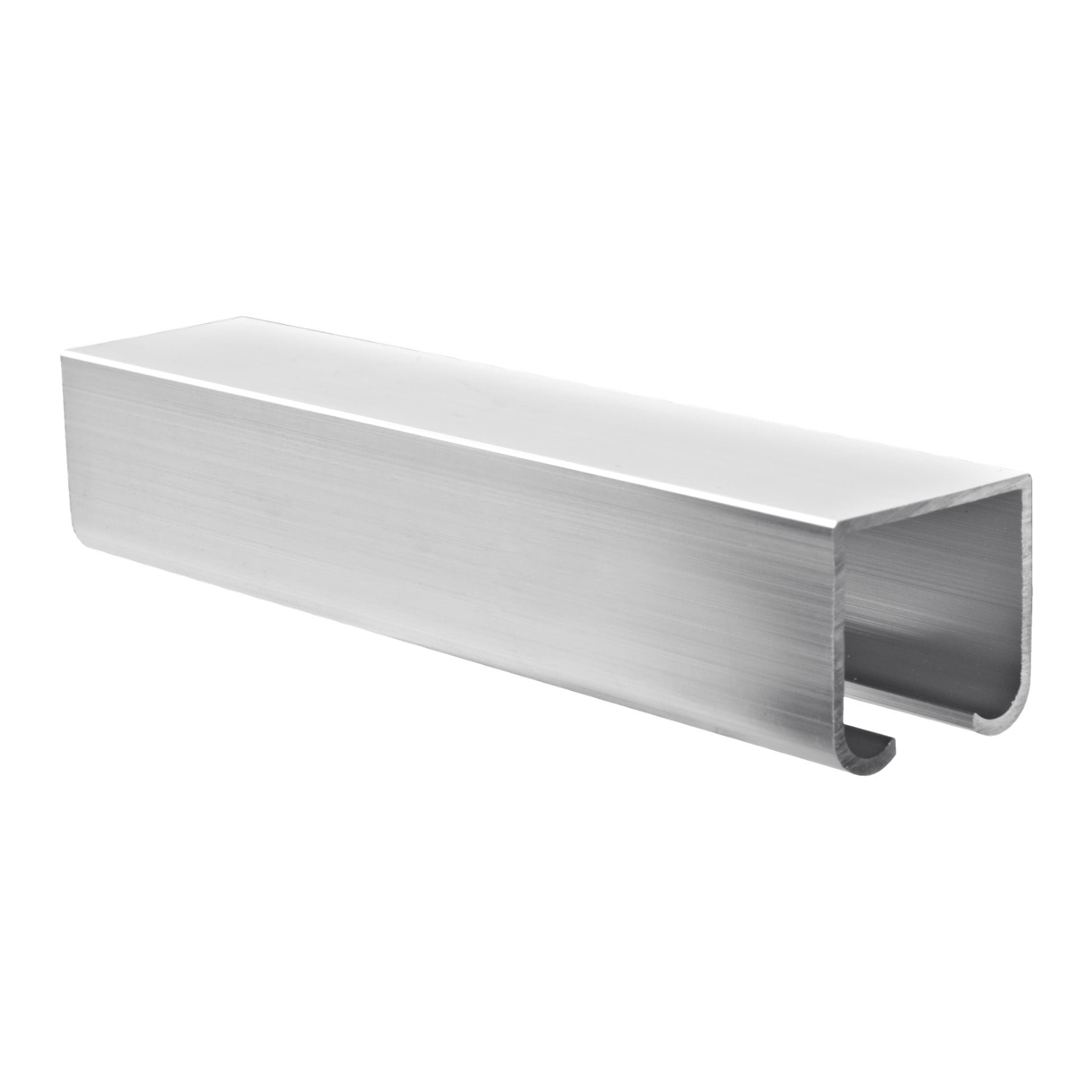 En Hard Head aluminiumskinne med en rektangulær, U-formet profil med flate overflater og skarpe kanter.