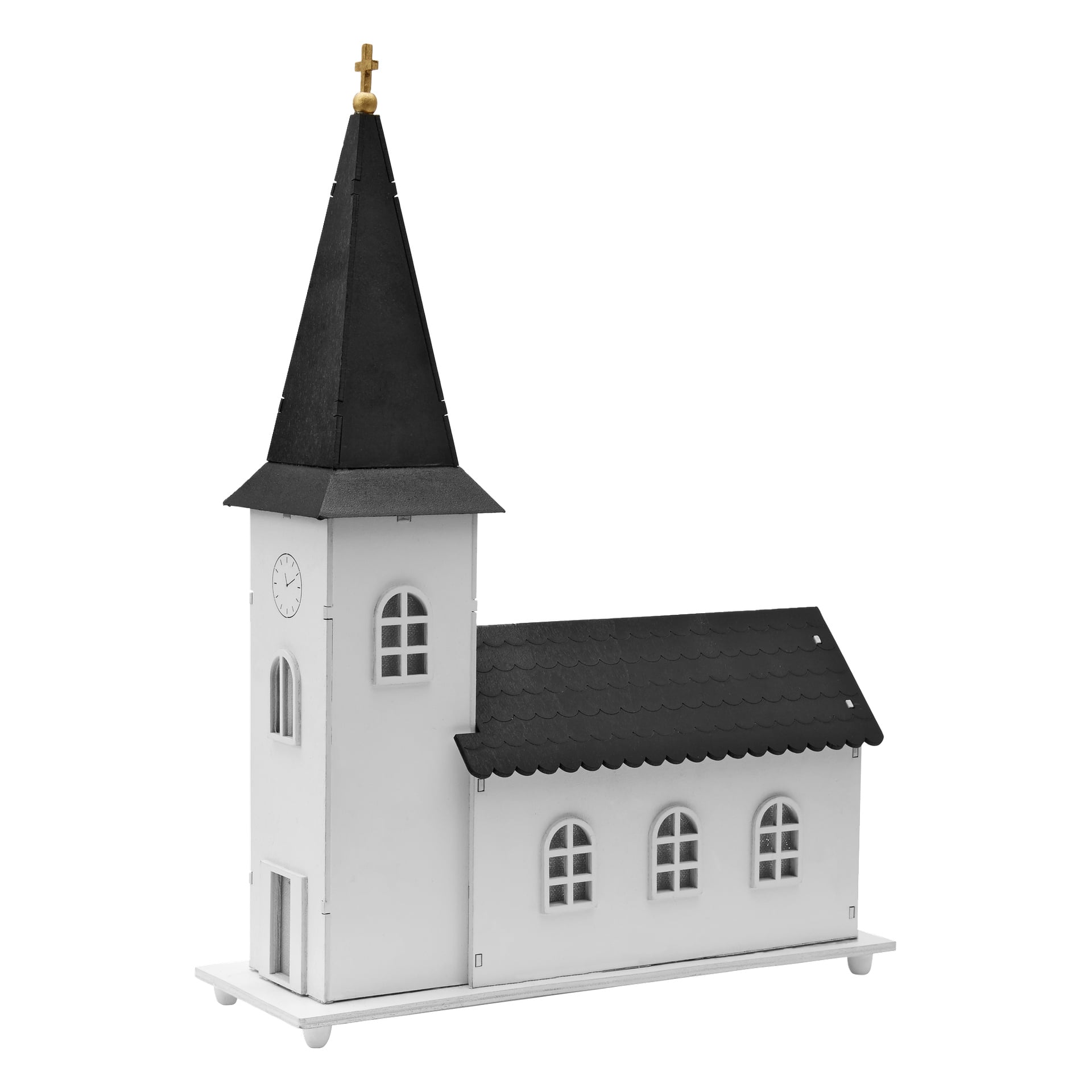 EKVAP-kyrkan med musikdosa och LED-belysning är en vit modellkyrka med ett högt svart torn, bågformade fönster och ett klocktorn på en vit rektangulär bas.