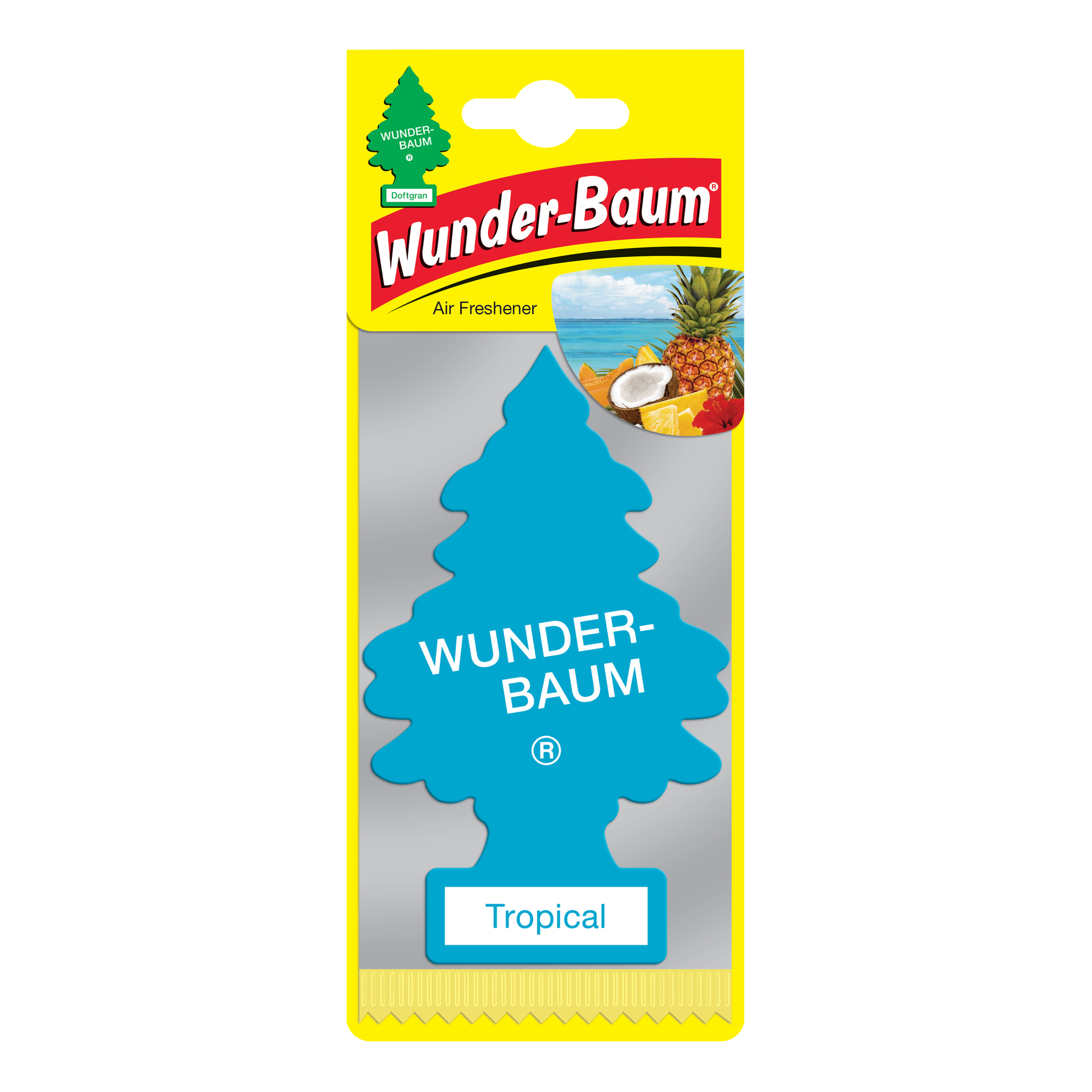 En blå, trädformad Wunder Baum-bilfräschare i gul förpackning märkt "Tropical", med bilder av ananas, kokos och hav.
