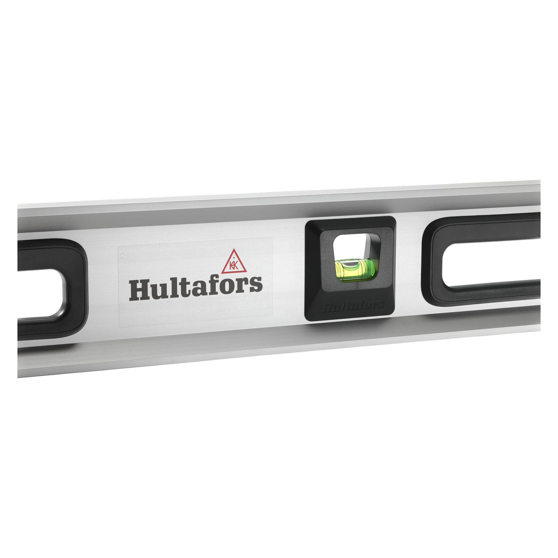 Närbild av Hultafors Straight-stegen MST med silverfärgad vattenpass, horisontell bubbelflaska, svarta handtag och varumärkeslogotyp.