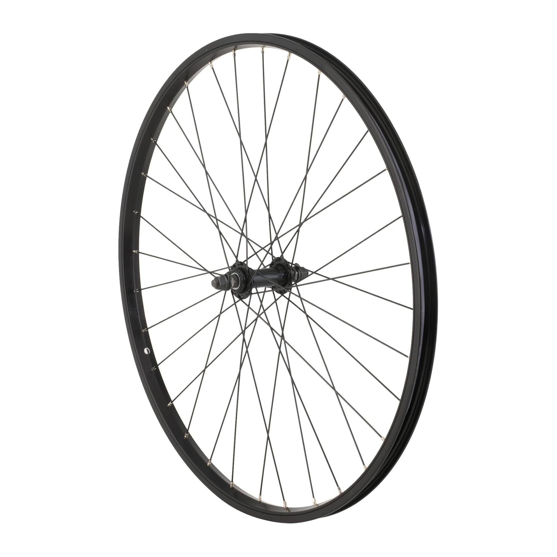 Front Rim Mountain Bike är ett svart hjul med metallekrar och ett centralt nav, placerat upprätt i en liten vinkel.
