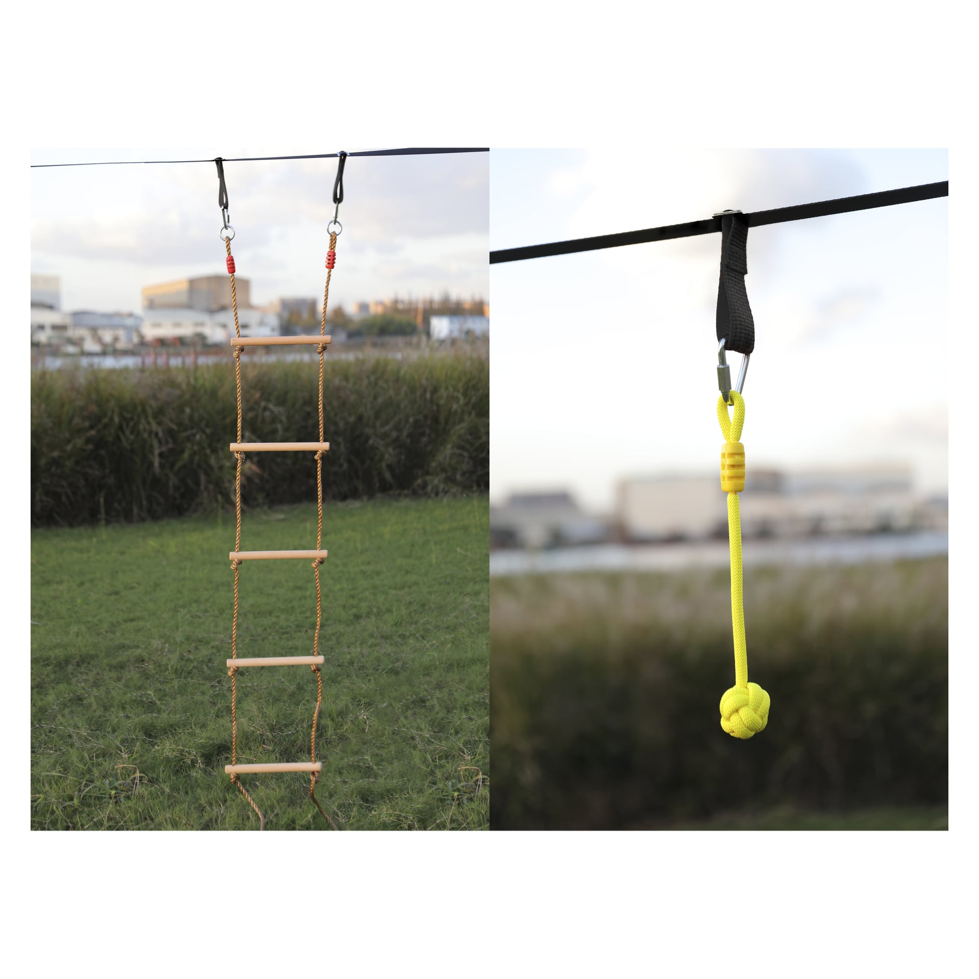 Kayoba Slackline-setin jaettu näkymä: vasemmalla näkyy puinen köysitikkaatikkaat, oikealla keltainen solmittu köysi, molemmat ulkona.