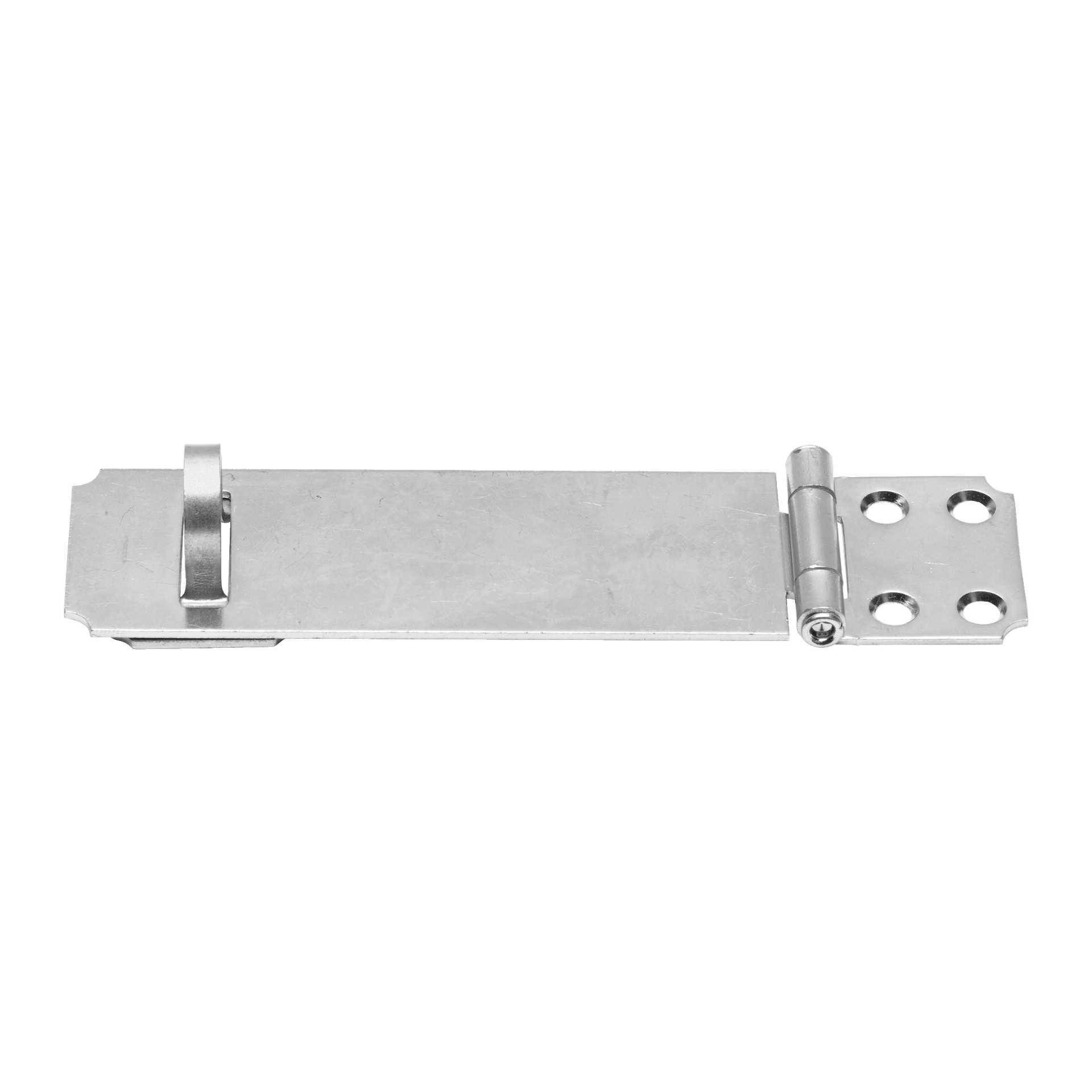 En silverfärgad metallsäkerhetshasp från Hard Head, designad med en gångjärnsplatta och en ögla för hänglåsfästning, lämplig för att säkra dörrar, grindar eller skåp.