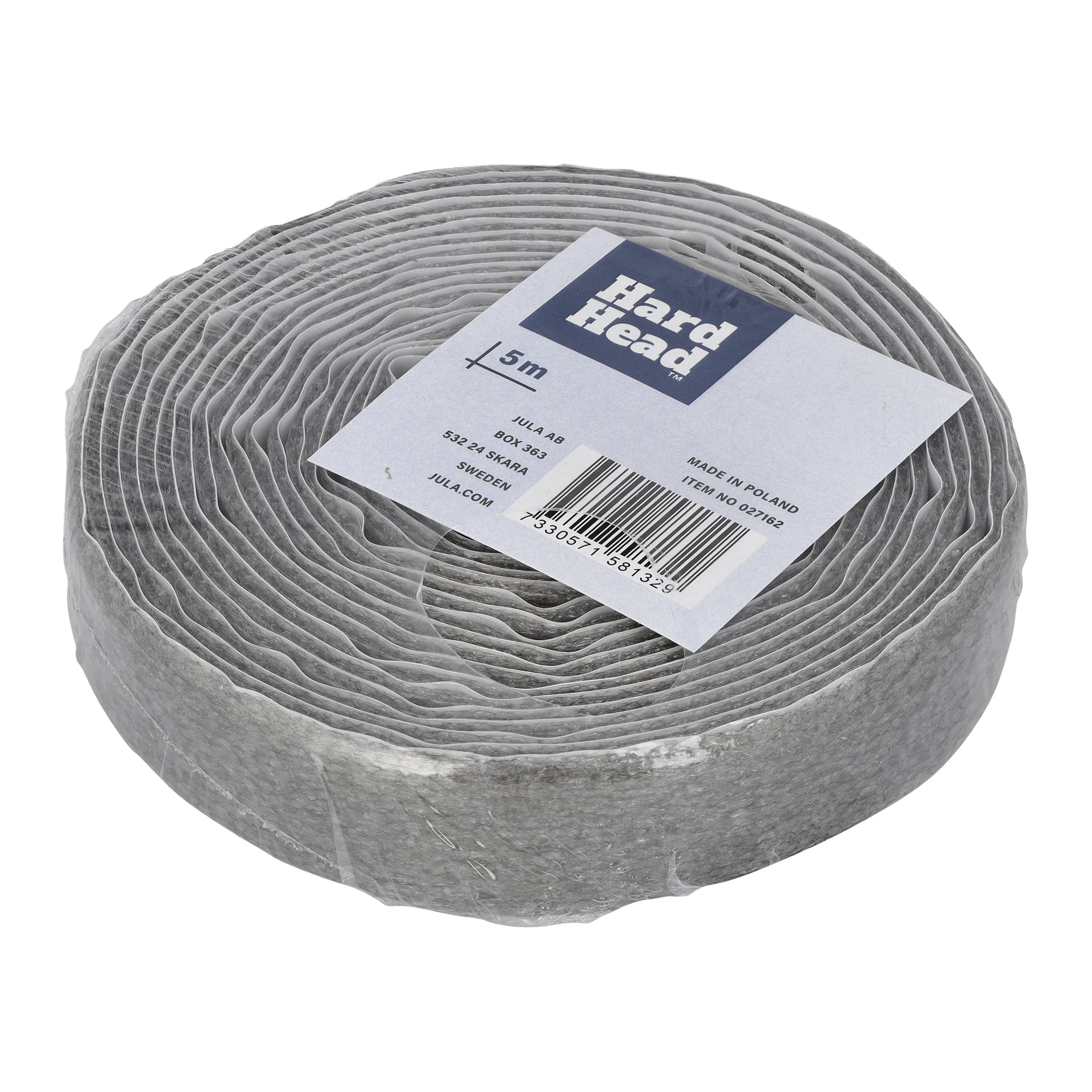 Putkieristystä varten pakattu Hard Head Tape -rulla sisältää valkoisen ja sinisen etiketin, jossa lukee, että se on 5 metriä pitkä ja valmistettu Puolassa.