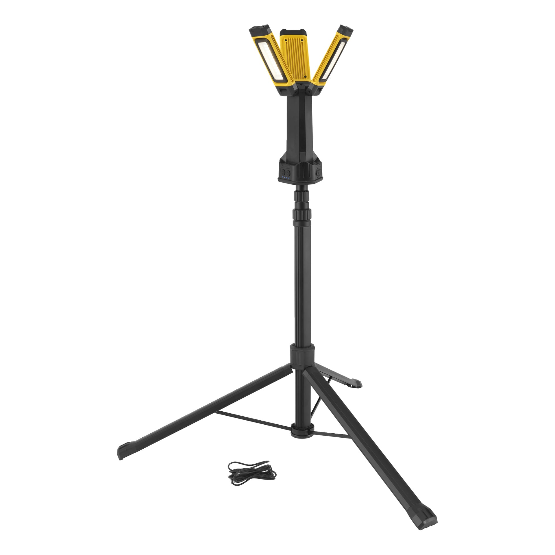Anslut Rechargeable Work Lamp har to flyttbare gule LED-paneler, et trebeint svart stativstativ og en strømkabel foran.