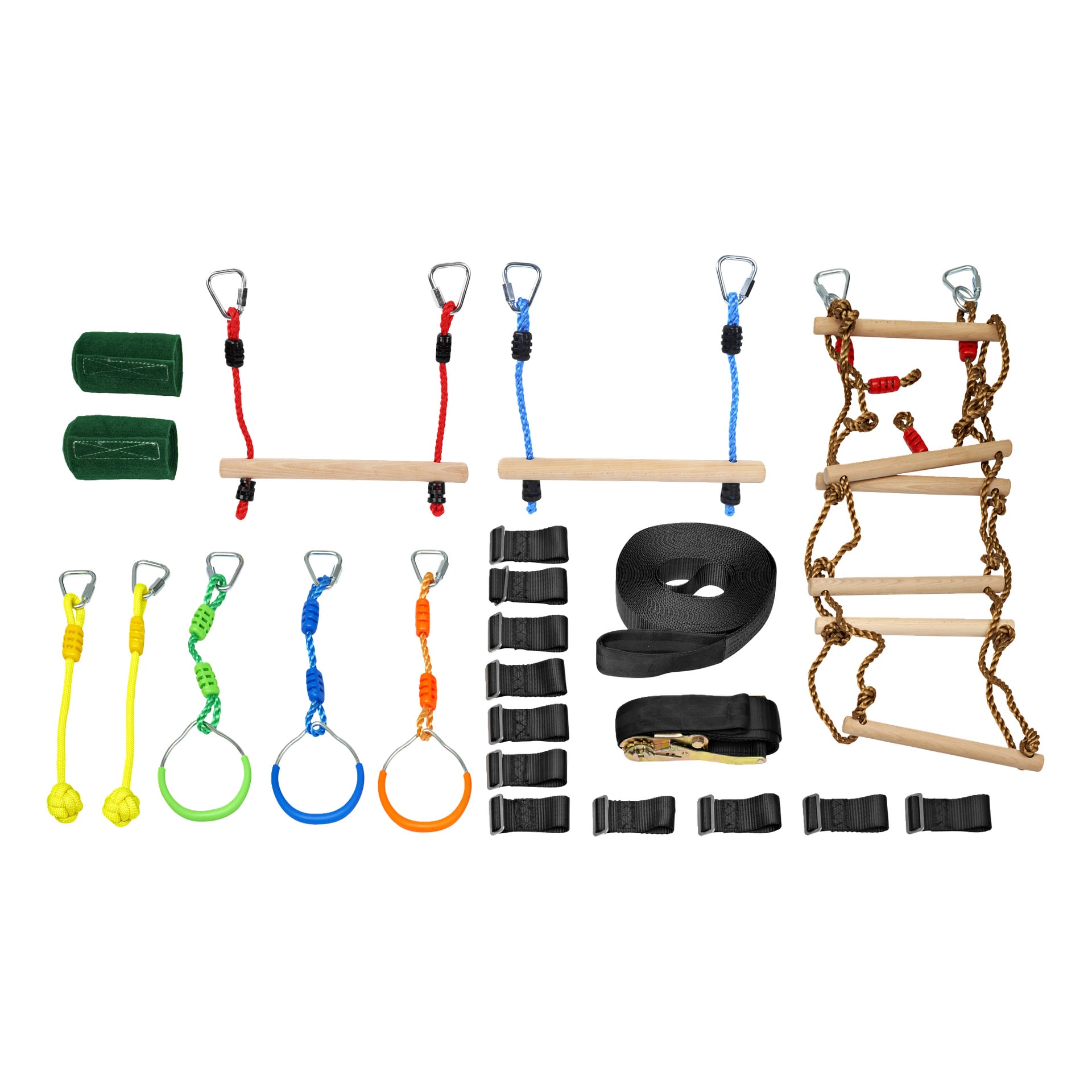 Kayoba Slackline Activity Set (13 kpl) sisältää puiset tangot, köysitikkaat, renkaat, karabiinerit, hihnat ja liittimet.