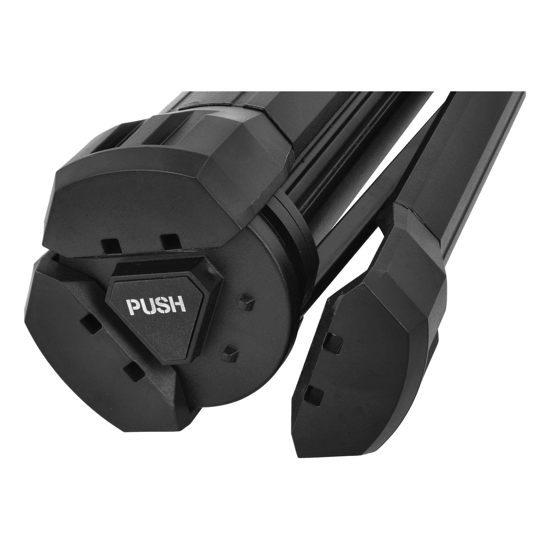 Nærbilde av Anslut Rechargeable arbeidslampebein foldet, med en trekantet PUSH-knapp og tre svarte tupper på linje sammen.