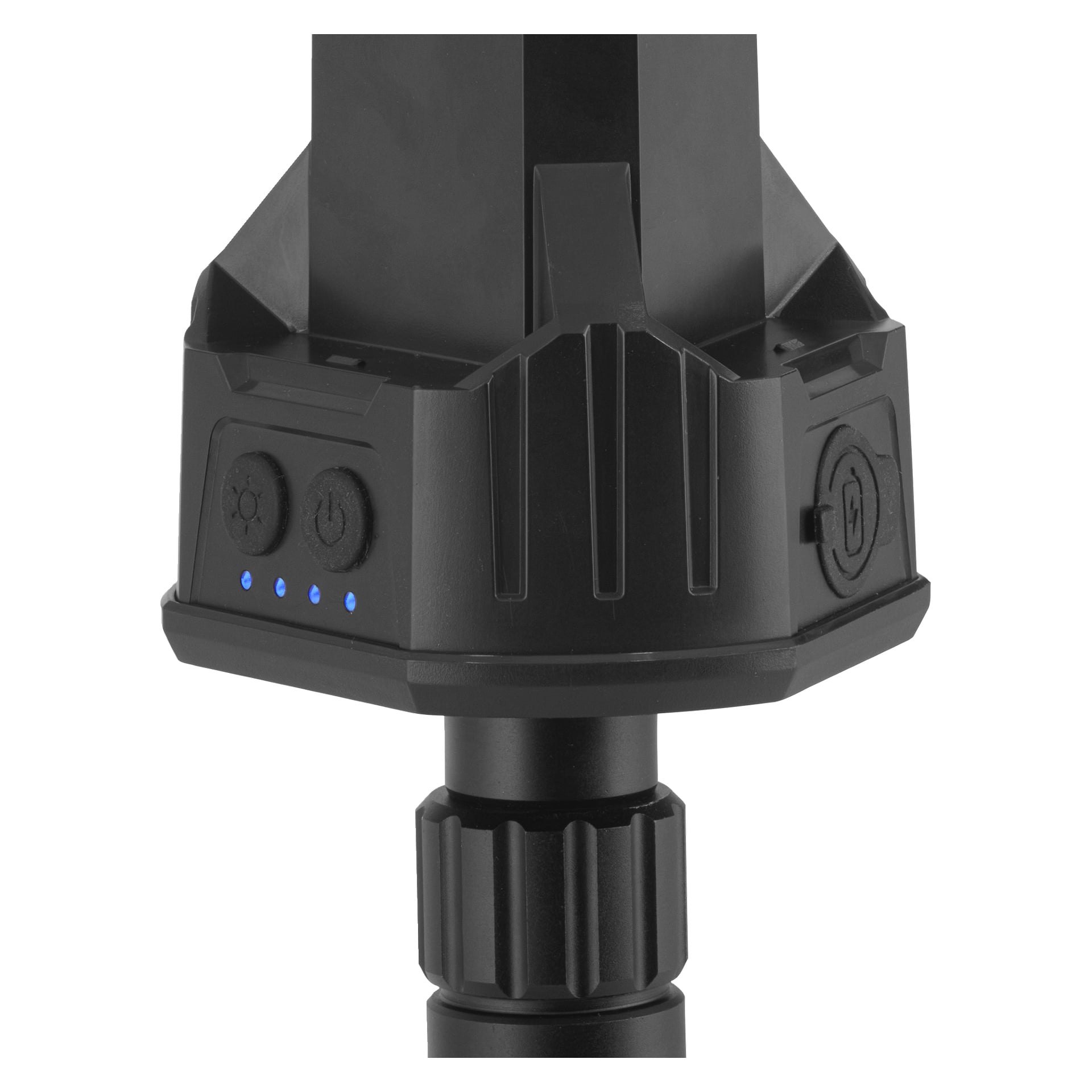 Nærbilde av Anslut Rechargeable arbeidslampebase, som viser tre knapper, fire blå LED-er, en lukket port og en teksturert polring.