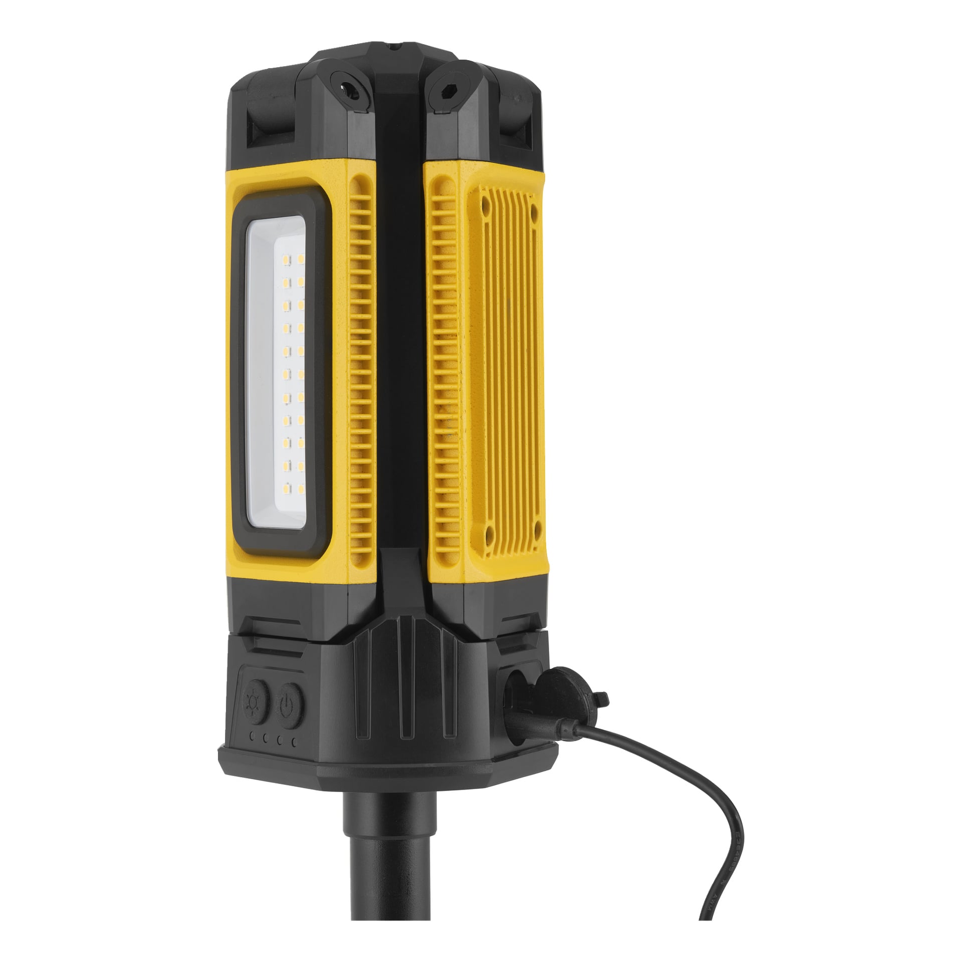 Nærbilde av Anslut Rechargeable arbeidslampe med LED-stativ, som fremhever kontrollene, ventilerte sider og tilkoblet strømkabel på en stolpe.
